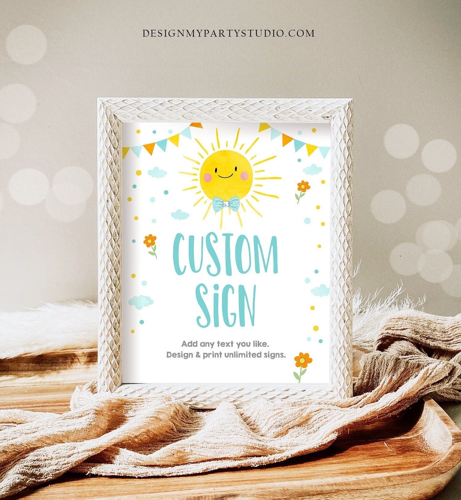 Editable Custom Little Sunshine Sign Blue Boy Birthday Party Little Sunshine Summer Sun Bow Tie Digital Download Template Printable 0141