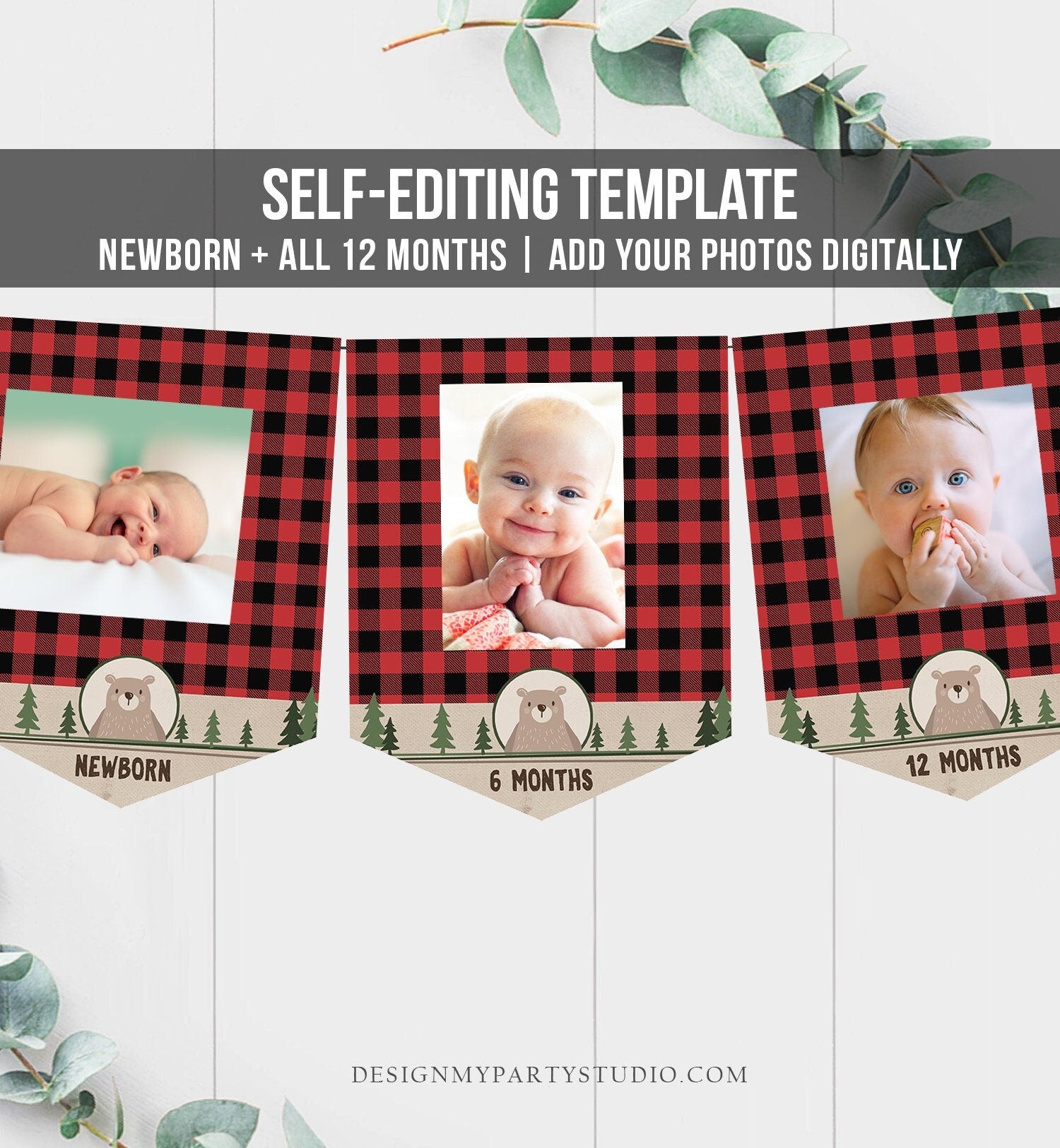 Editable Lumberjack First Birthday Banner Monthly Photo Banner Bear Buffalo Plaid Party Decor Digital Download Template Printable 0026