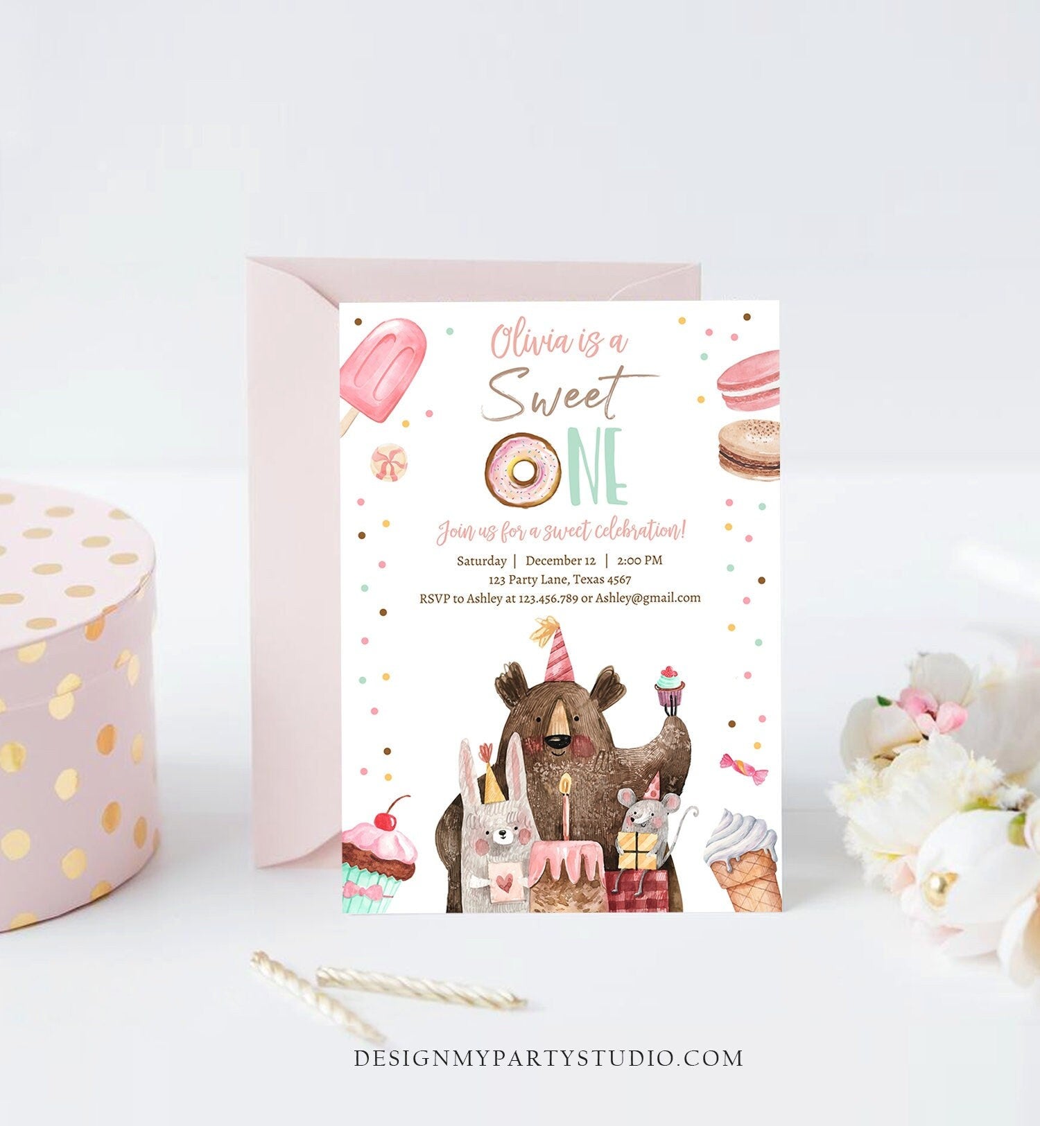 Editable Sweet One Birthday Invitation First Birthday Party 1st Girl Donut Ice Cream Animals Digital Download Evite Template Printable 0373