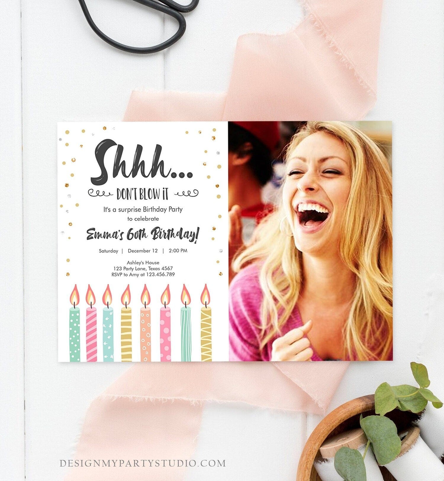 Editable Candles Surprise Birthday Invitation Shhh It's A Surprise Party 30th 40th 50th 60th Adult Digital Download Template Printable 0277