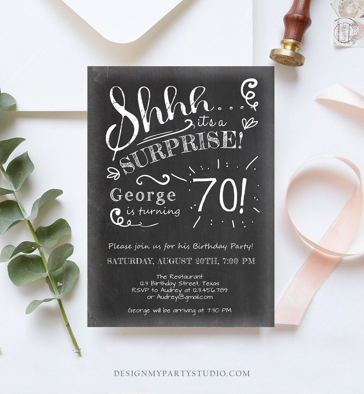 Editable ANY AGE Surprise Birthday Invitation Chalk Rustic Adult 70th Seventy Vintage Party Photo Digital Download Template Printable 0102