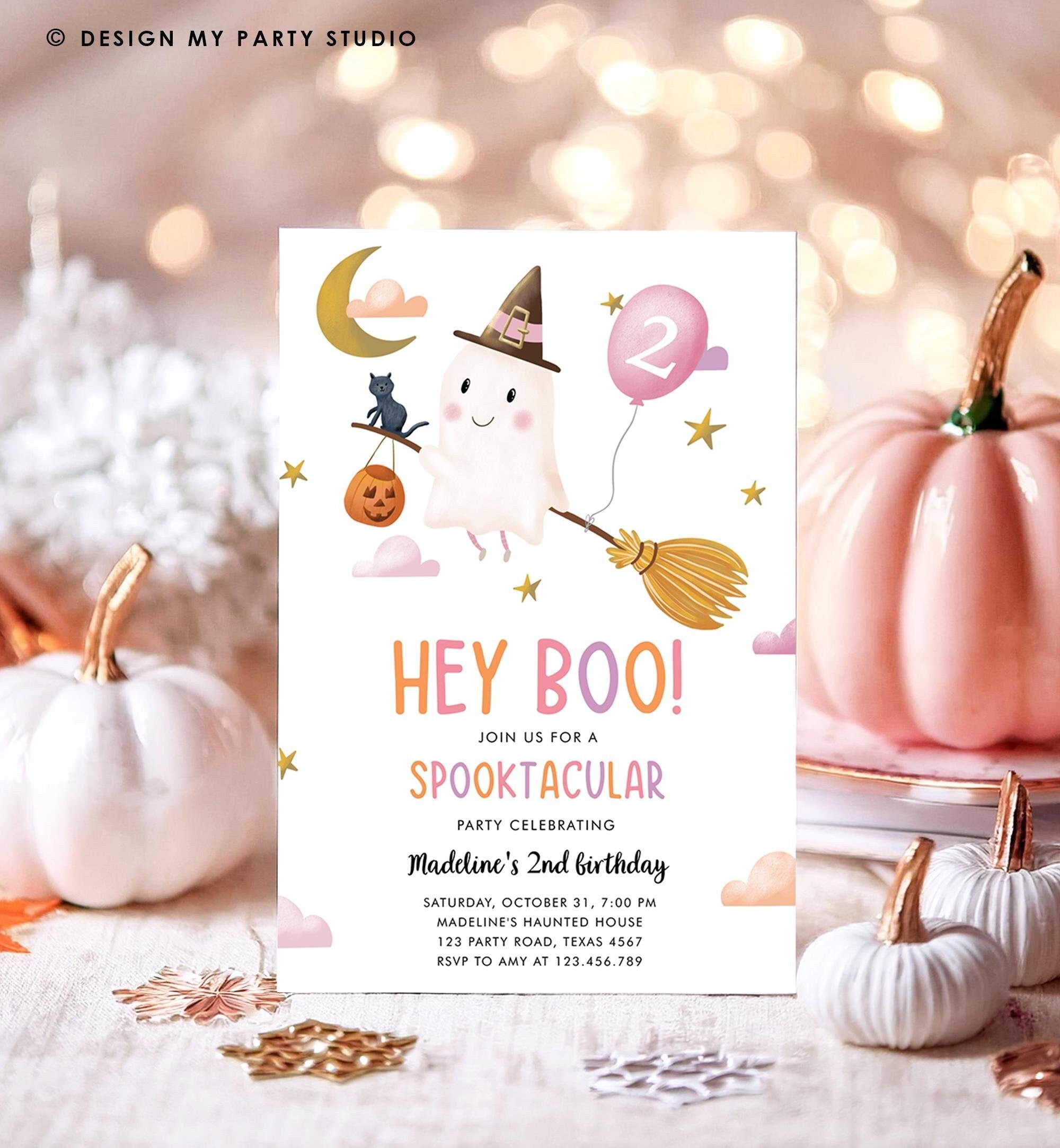 Editable Halloween Birthday Invitation Girl Ghost Costume Party Pink Kids Spooktacular Spooky Hey Boo Printable Template Evite 0479 0009