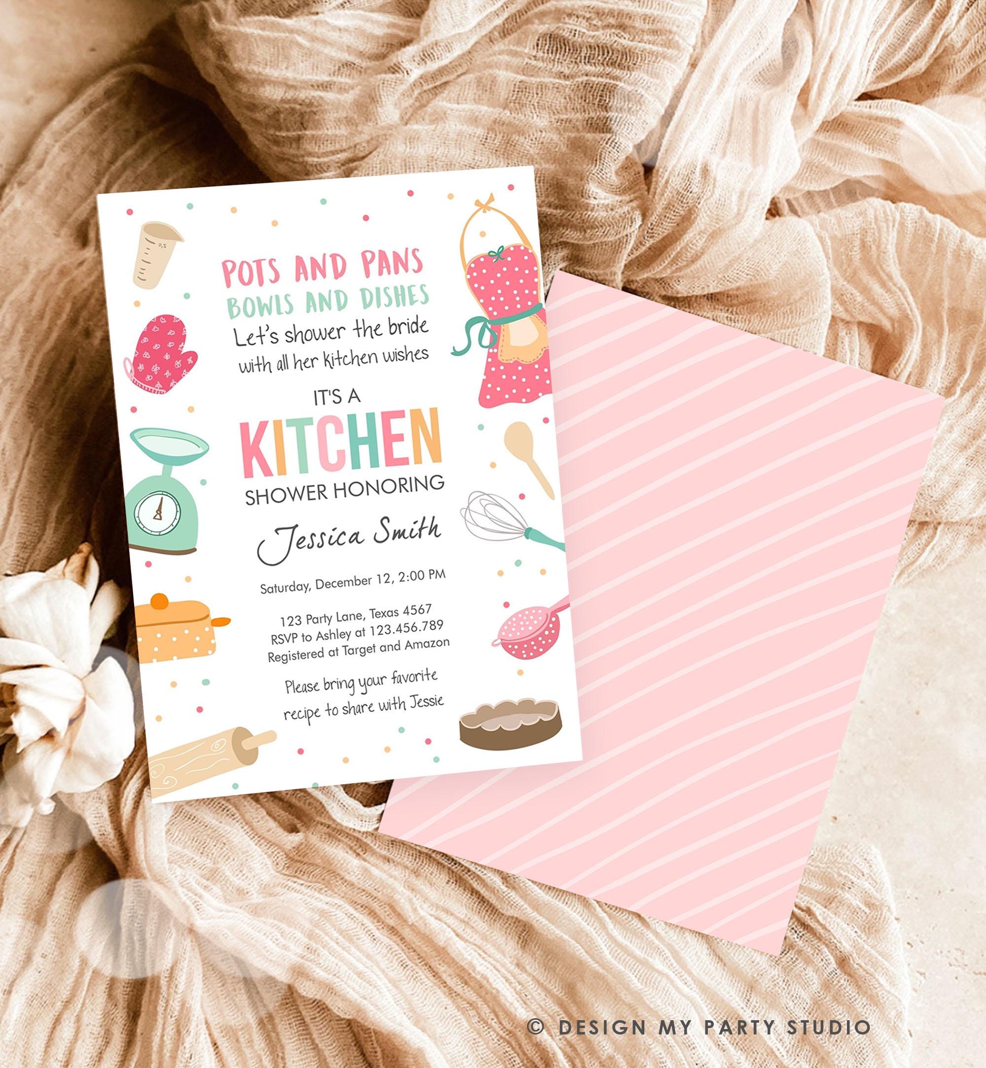 Editable Stock the Kitchen Bridal Shower Invitation Cooking Kitchen Shower Pink Invite Pots and Pans Download Printable Evite Template 0219