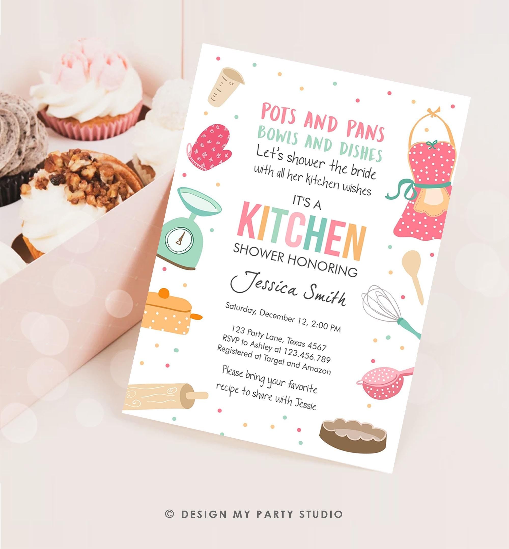 Editable Stock the Kitchen Bridal Shower Invitation Cooking Kitchen Shower Pink Invite Pots and Pans Download Printable Evite Template 0219