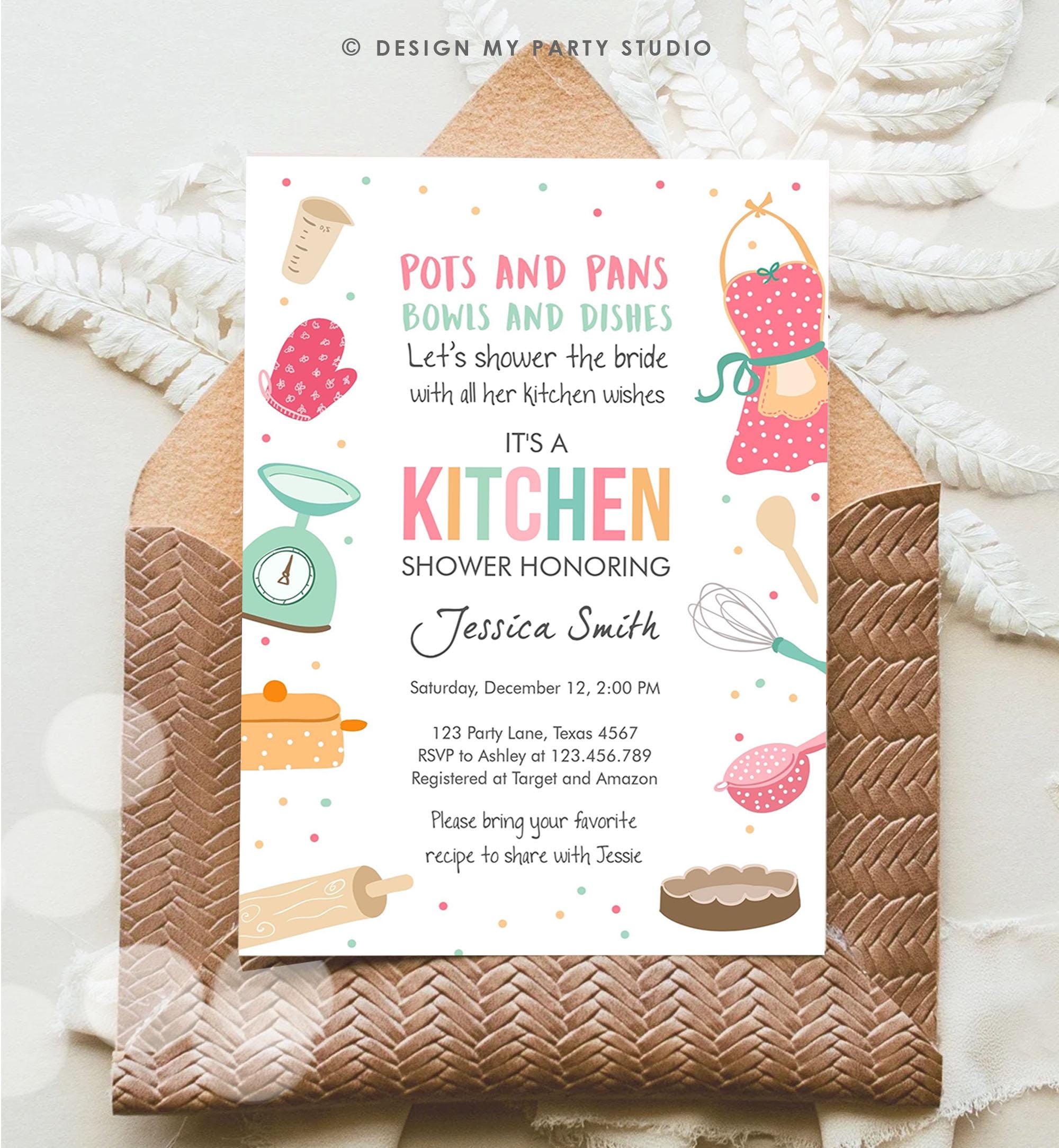 Editable Stock the Kitchen Bridal Shower Invitation Cooking Kitchen Shower Pink Invite Pots and Pans Download Printable Evite Template 0219