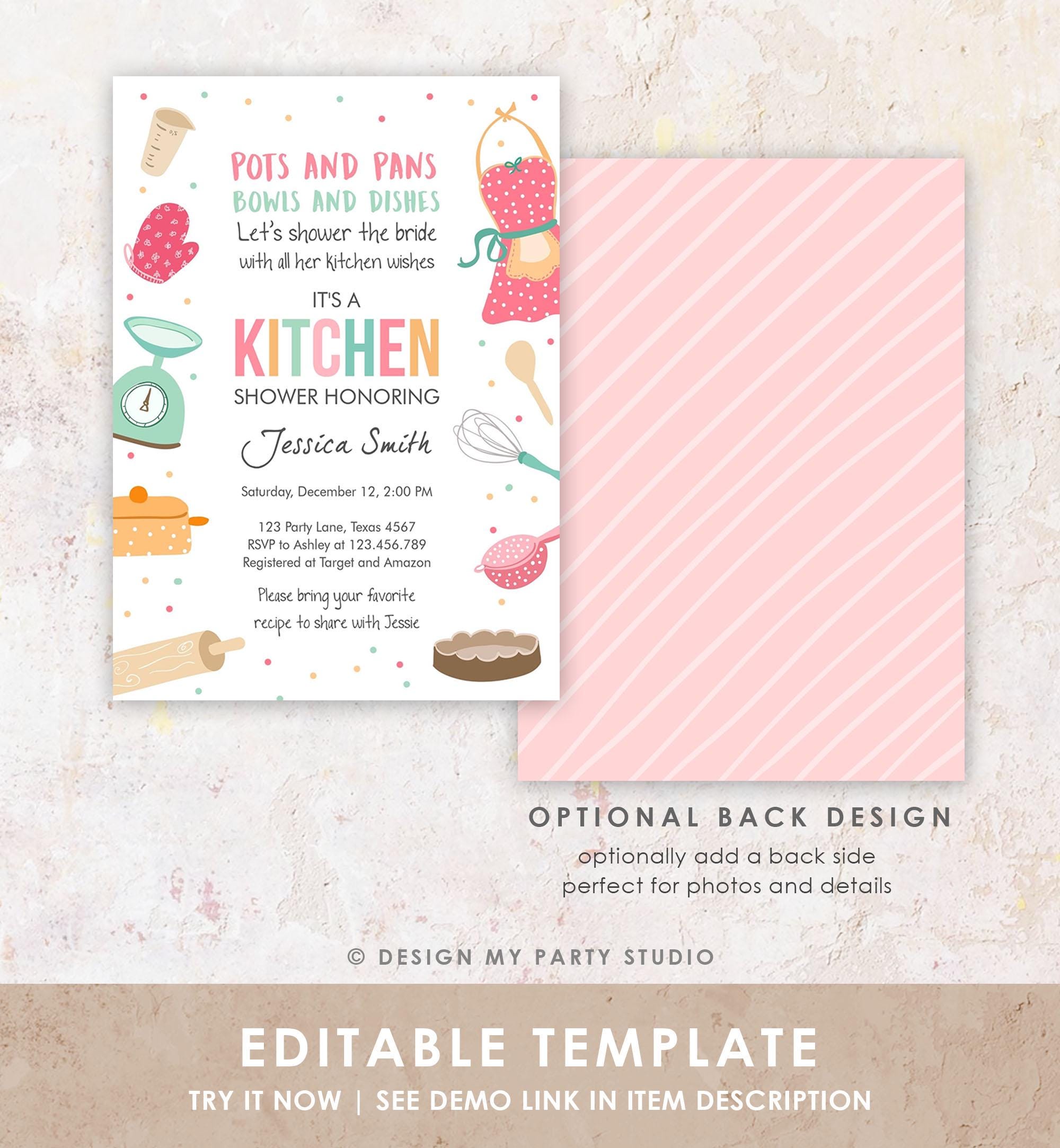 Editable Stock the Kitchen Bridal Shower Invitation Cooking Kitchen Shower Pink Invite Pots and Pans Download Printable Evite Template 0219