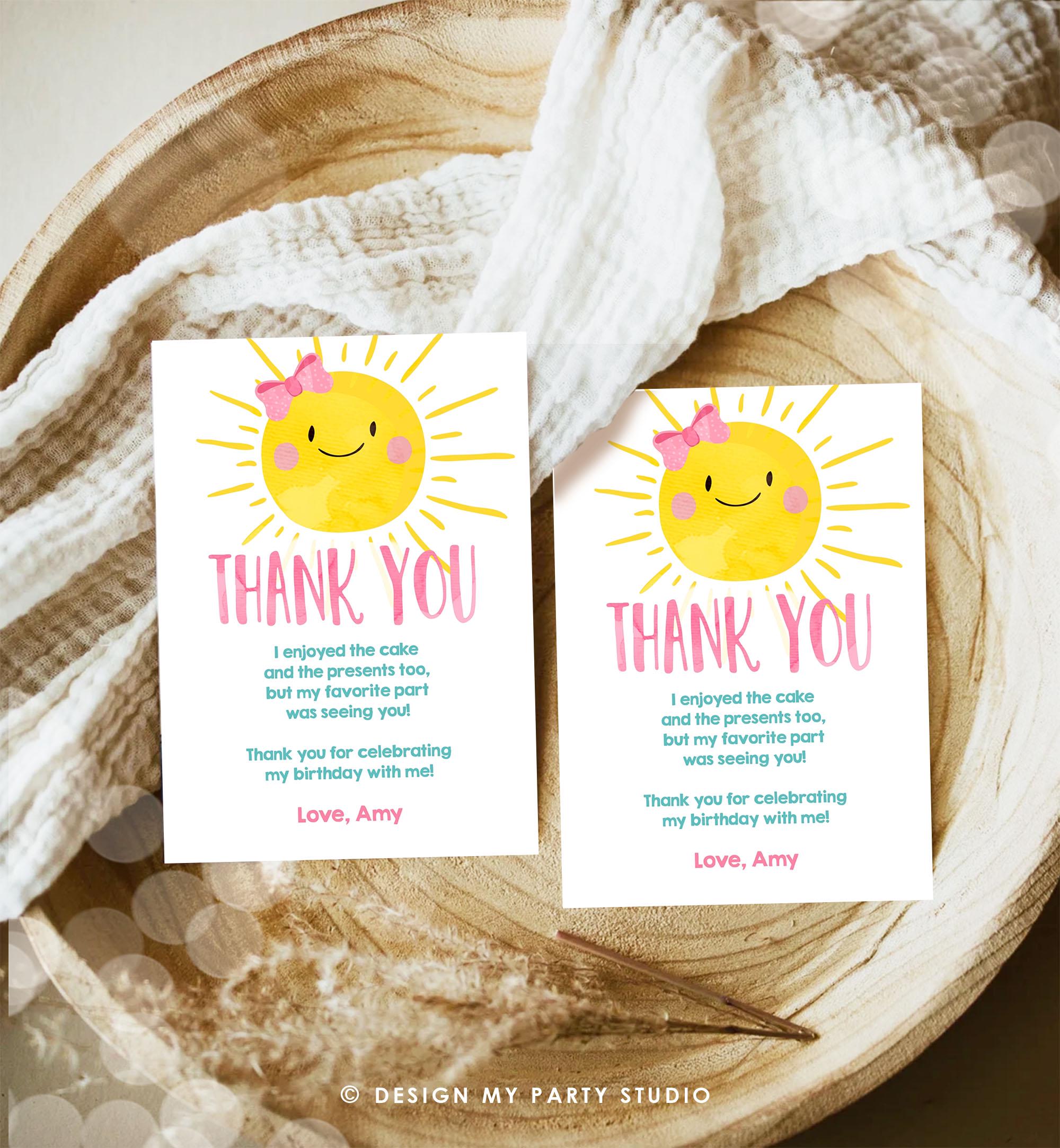 Editable Little Sunshine Thank You Card Birthday Party Pink Girl Around the Sun Baby Shower First Birthday Digital Template Printable 0141