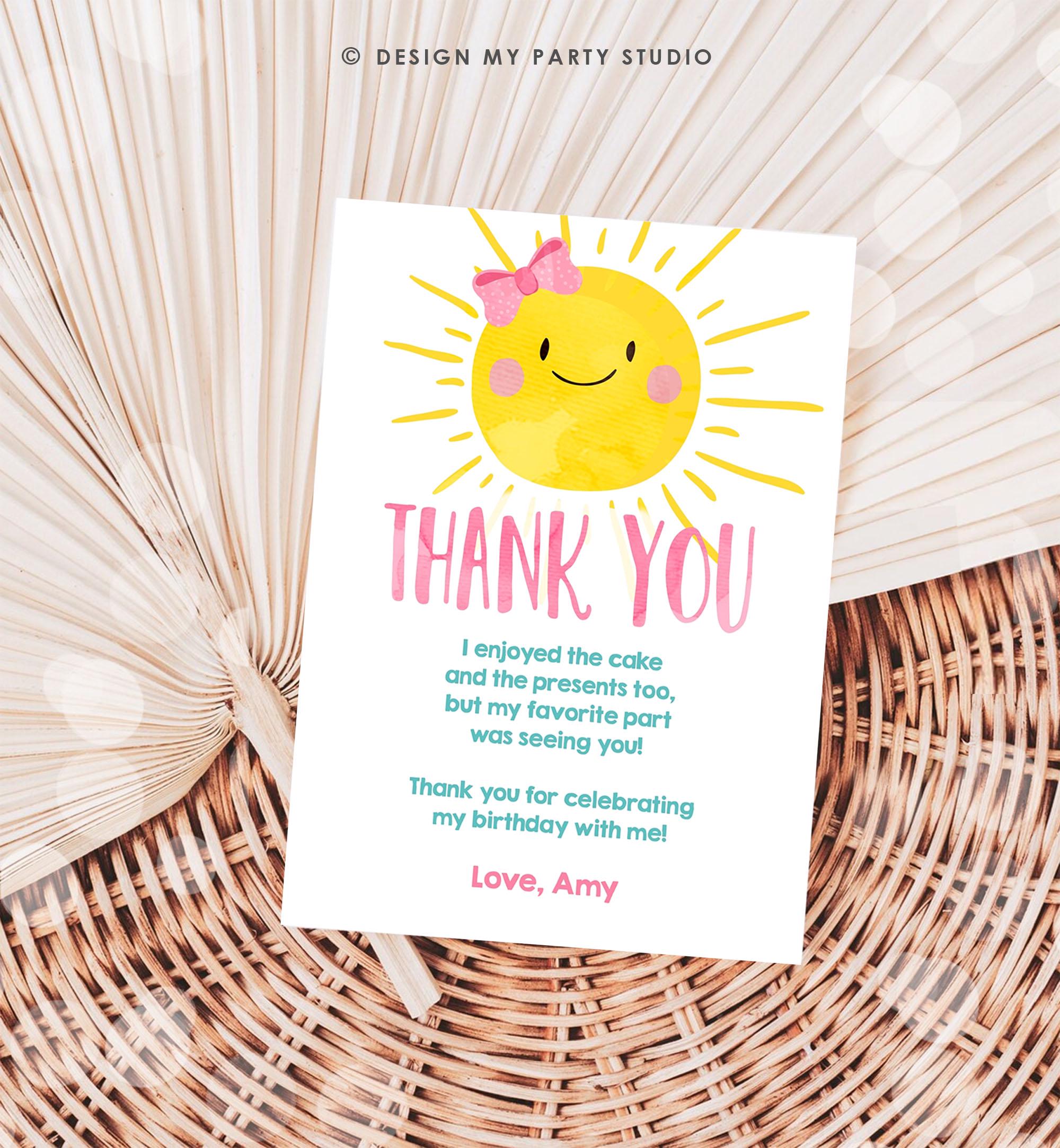 Editable Little Sunshine Thank You Card Birthday Party Pink Girl Around the Sun Baby Shower First Birthday Digital Template Printable 0141