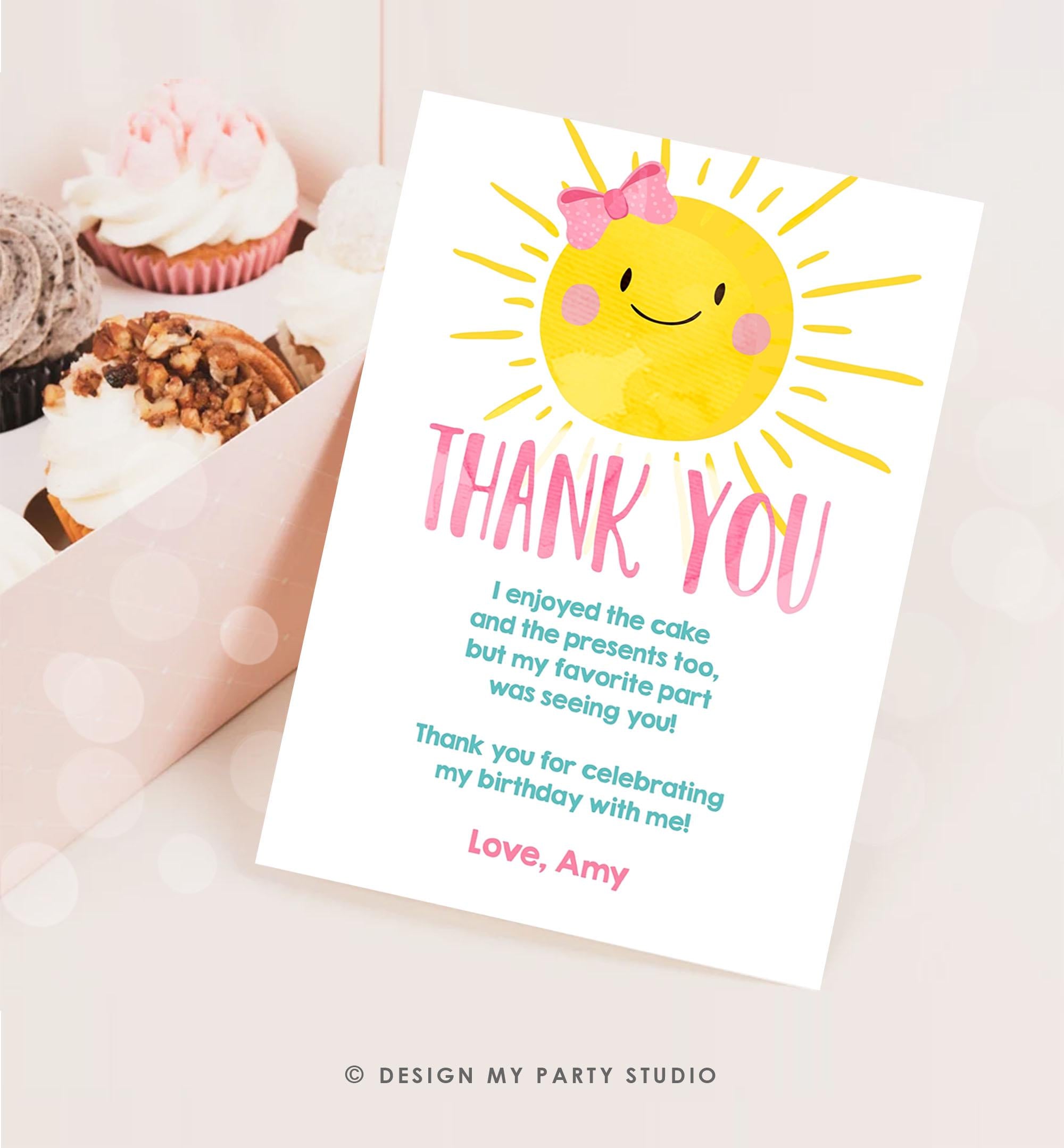 Editable Little Sunshine Thank You Card Birthday Party Pink Girl Around the Sun Baby Shower First Birthday Digital Template Printable 0141