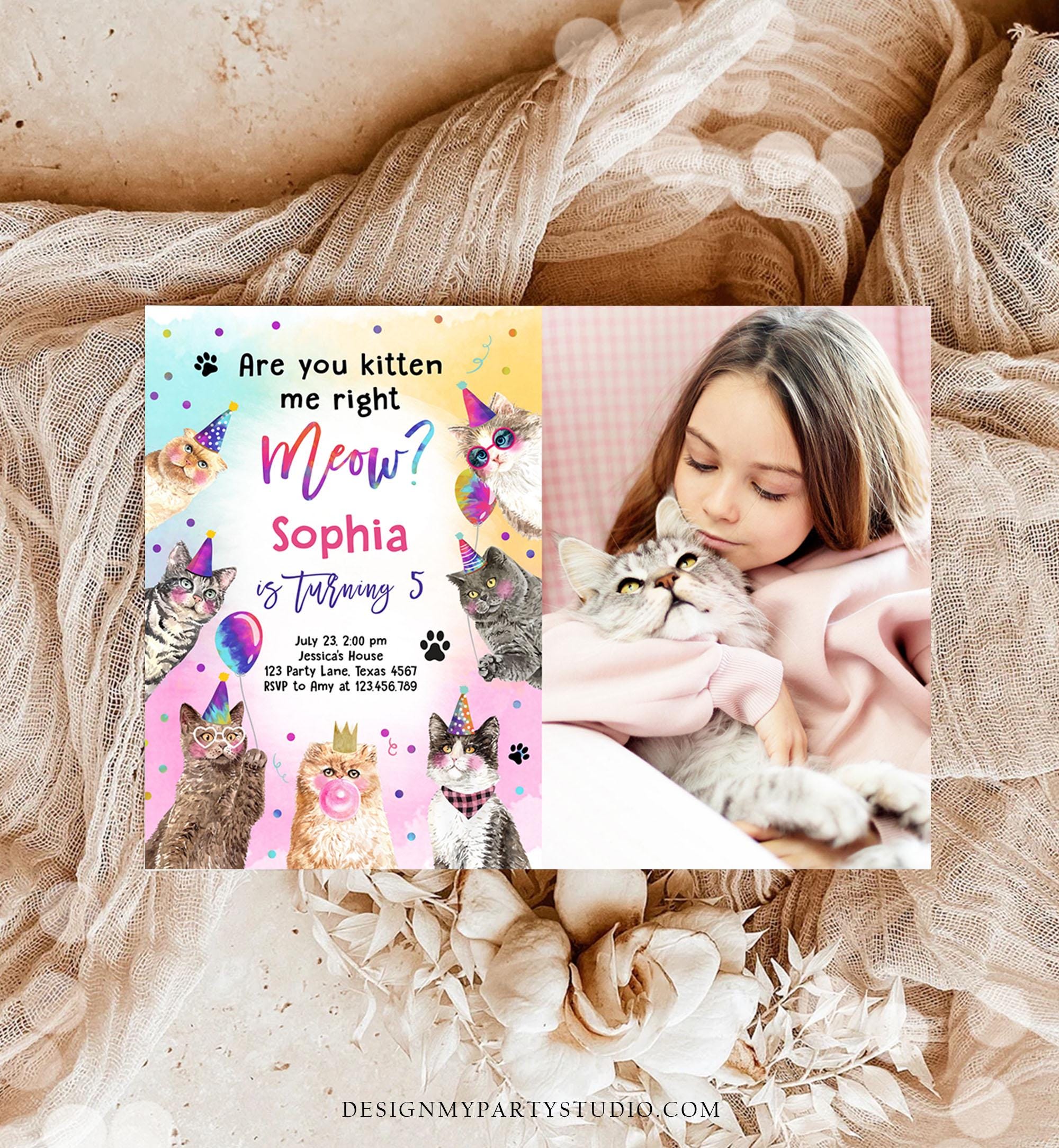 Editable Cat Birthday Party Invitation Kitten Birthday Invite Kitten me Right Meow Invite Party Animals Girl Download Evite Template 0460