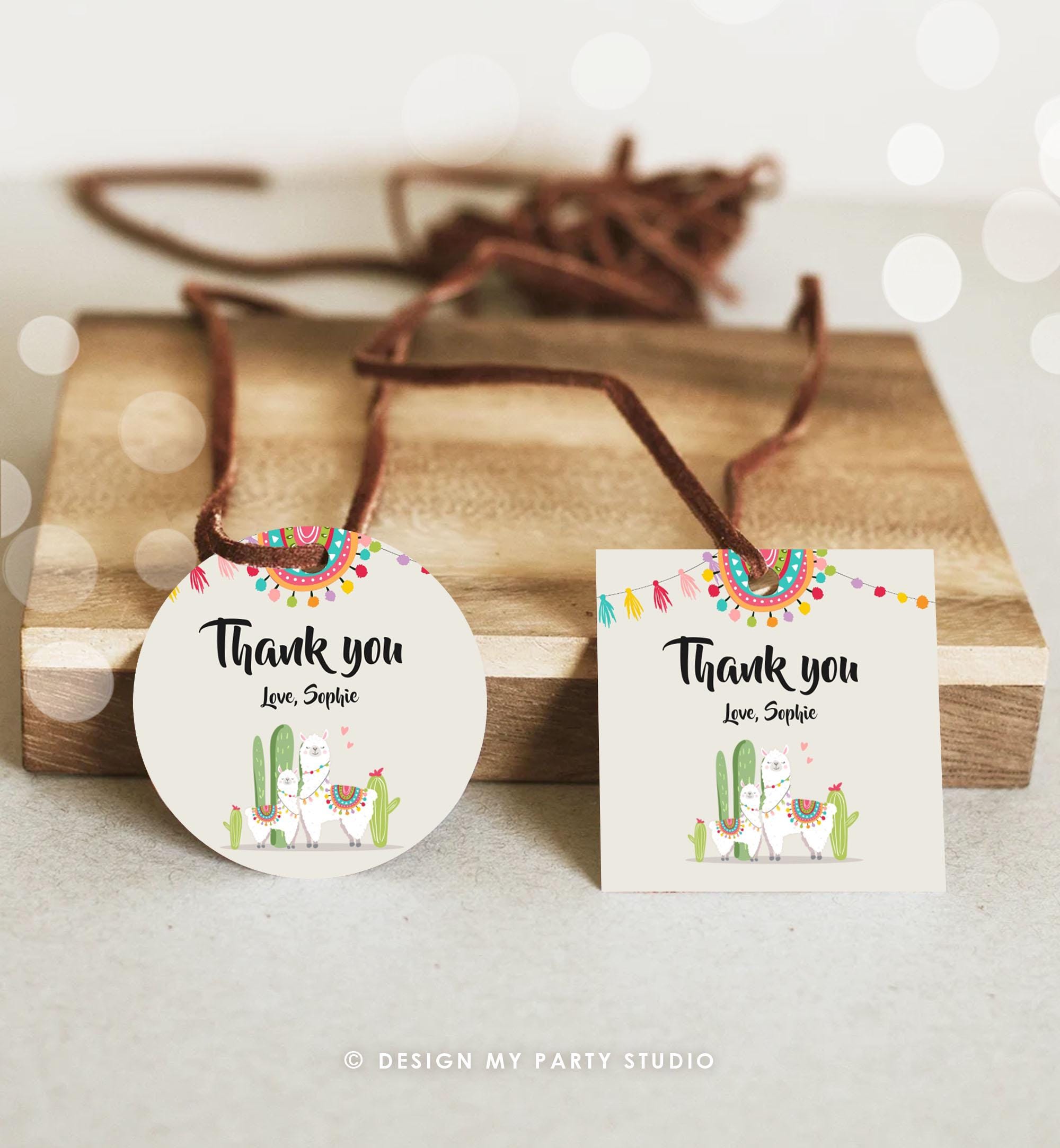 Editable Llama Thank You Favor Tags Baby Shower Stickers Fiesta Cactus Alpaca Mexican Round Square Labesl Neutral Digital Template 0079