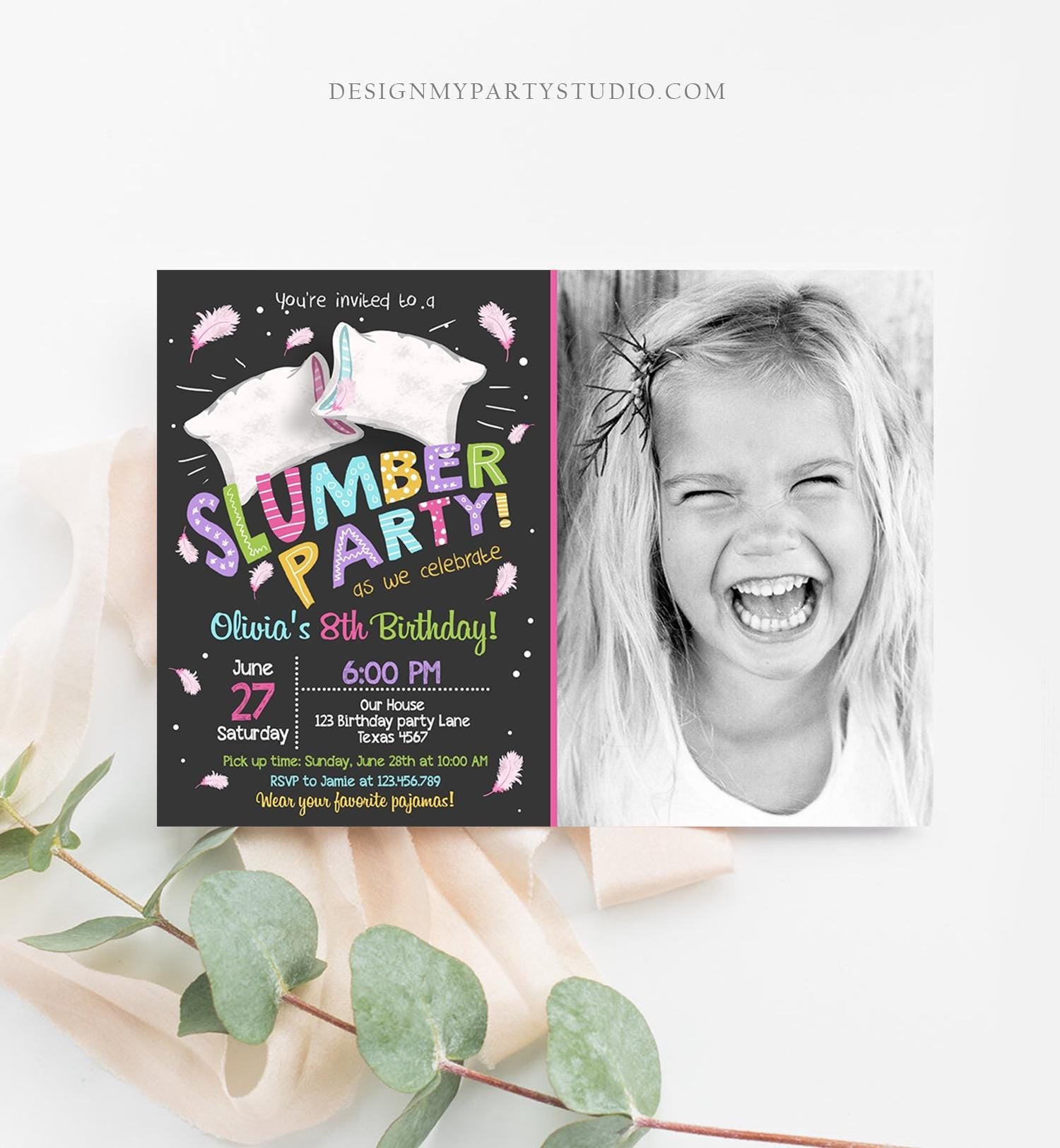 Editable Slumber Party Birthday Invitation Sleepover Pajamas Pillow Fight Photo Pink Girl Digital Download Printable Template Evite 0067