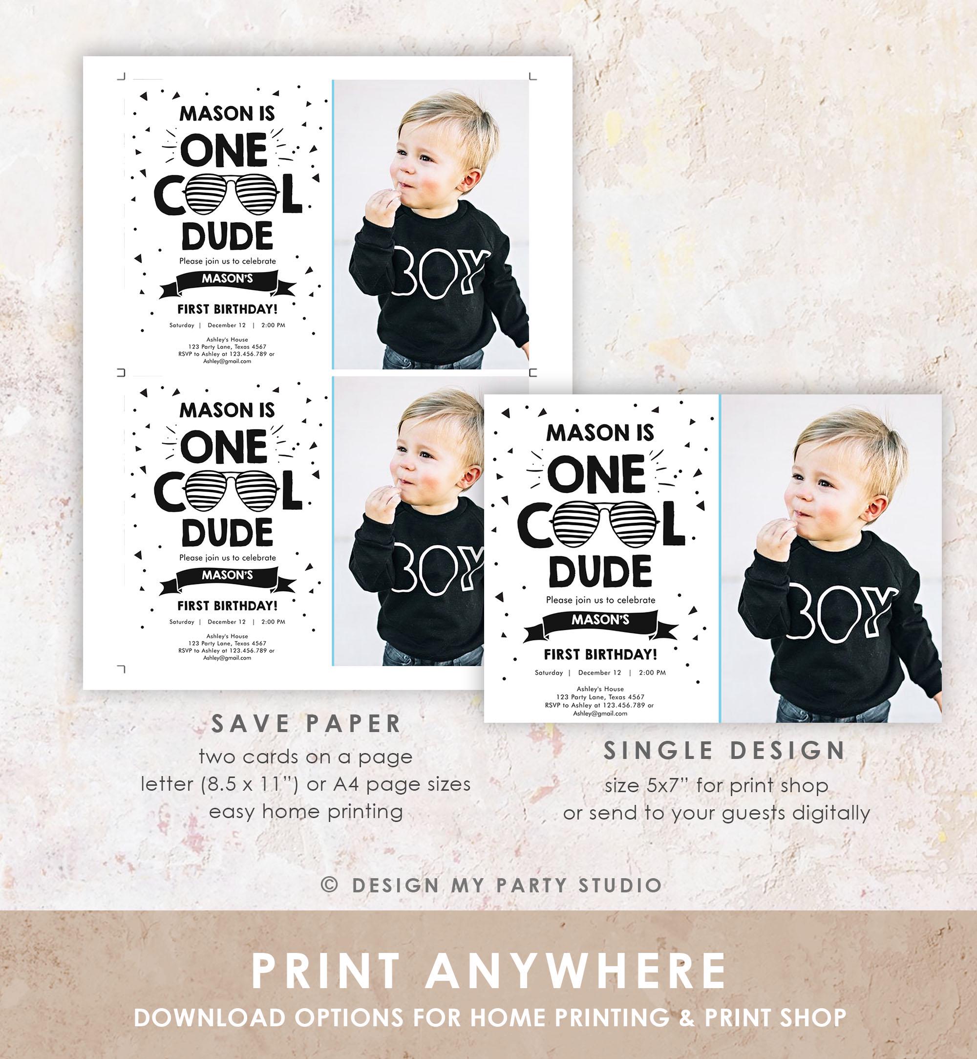 Editable One Cool Dude Birthday Invitation Boy First Birthday 1st Party Sunglasses Striped Pool Cool One Printable Digital Template 0136