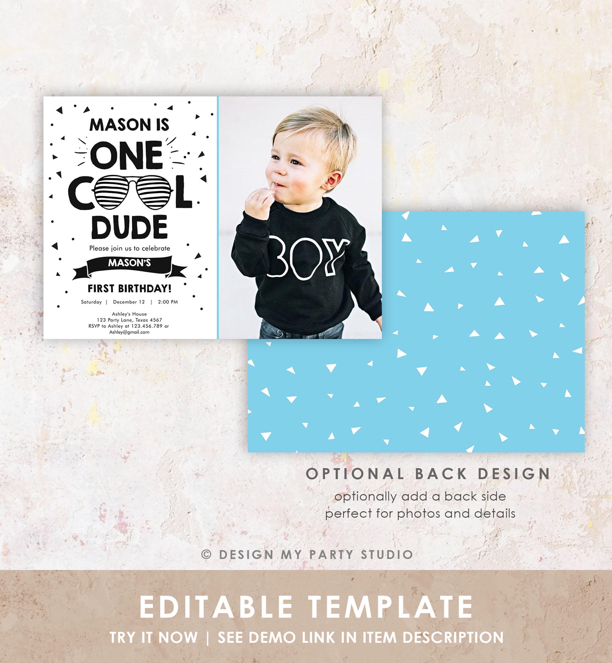 Editable One Cool Dude Birthday Invitation Boy First Birthday 1st Party Sunglasses Striped Pool Cool One Printable Digital Template 0136