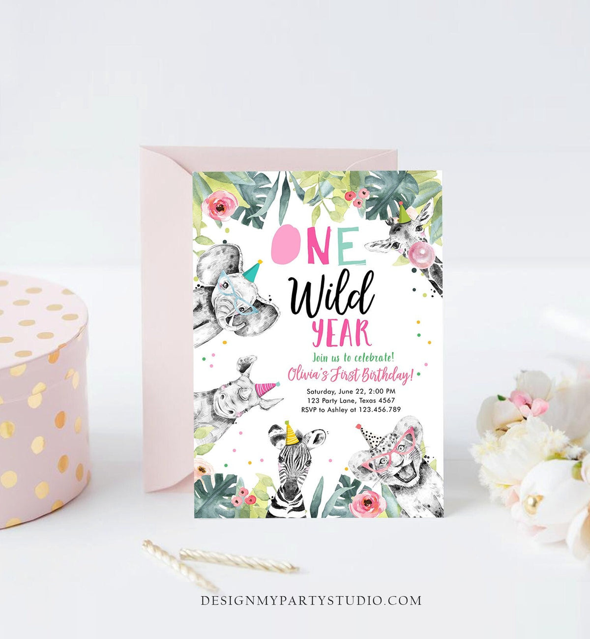 Editable One Wild Year Birthday Invitation Safari Party Animals Girl Pink First Birthday Wild One Monochrome Corjl Template Printable 0322