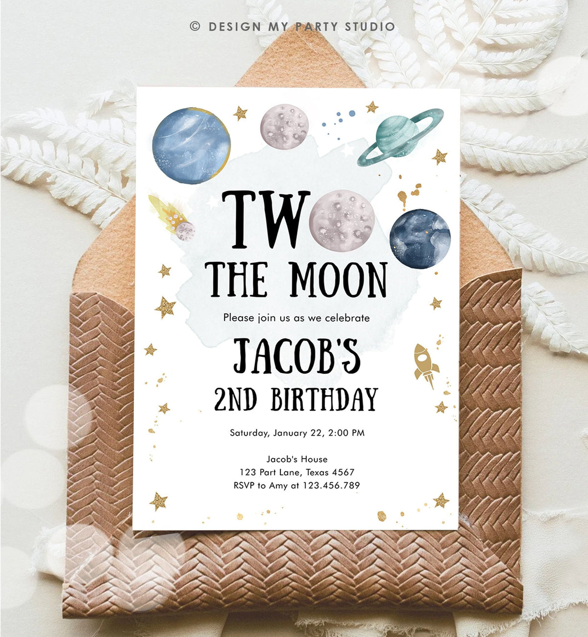 Editable Two the Moon Second Birthday Invitation Space Astronaut Planets Galaxy 2nd Boy Digital Download Corjl Template Printable0357