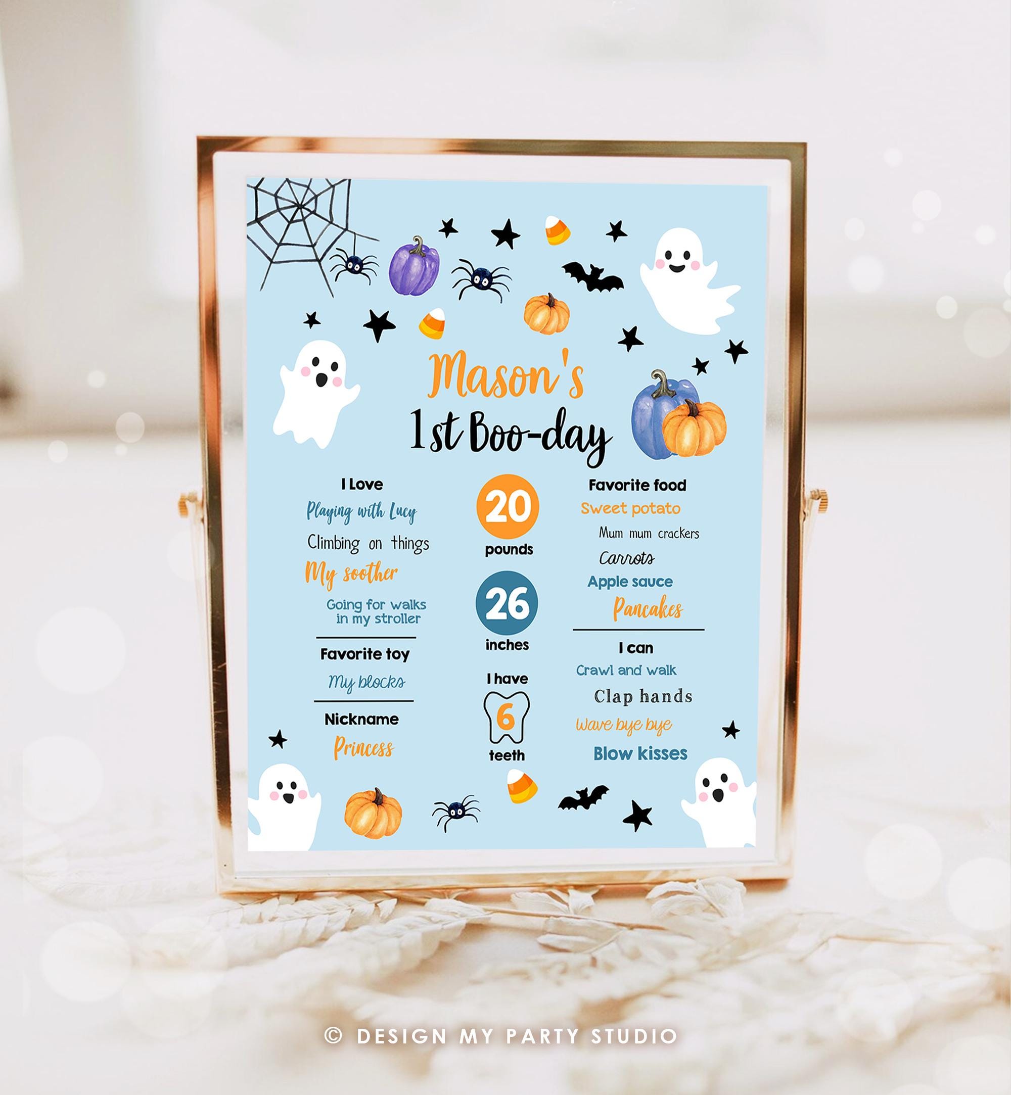 Editable Halloween Birthday Milestones Sign Ghost Spooky One 1st Birthday Spooktacular Blue First Stats Digital Template Printable 0418