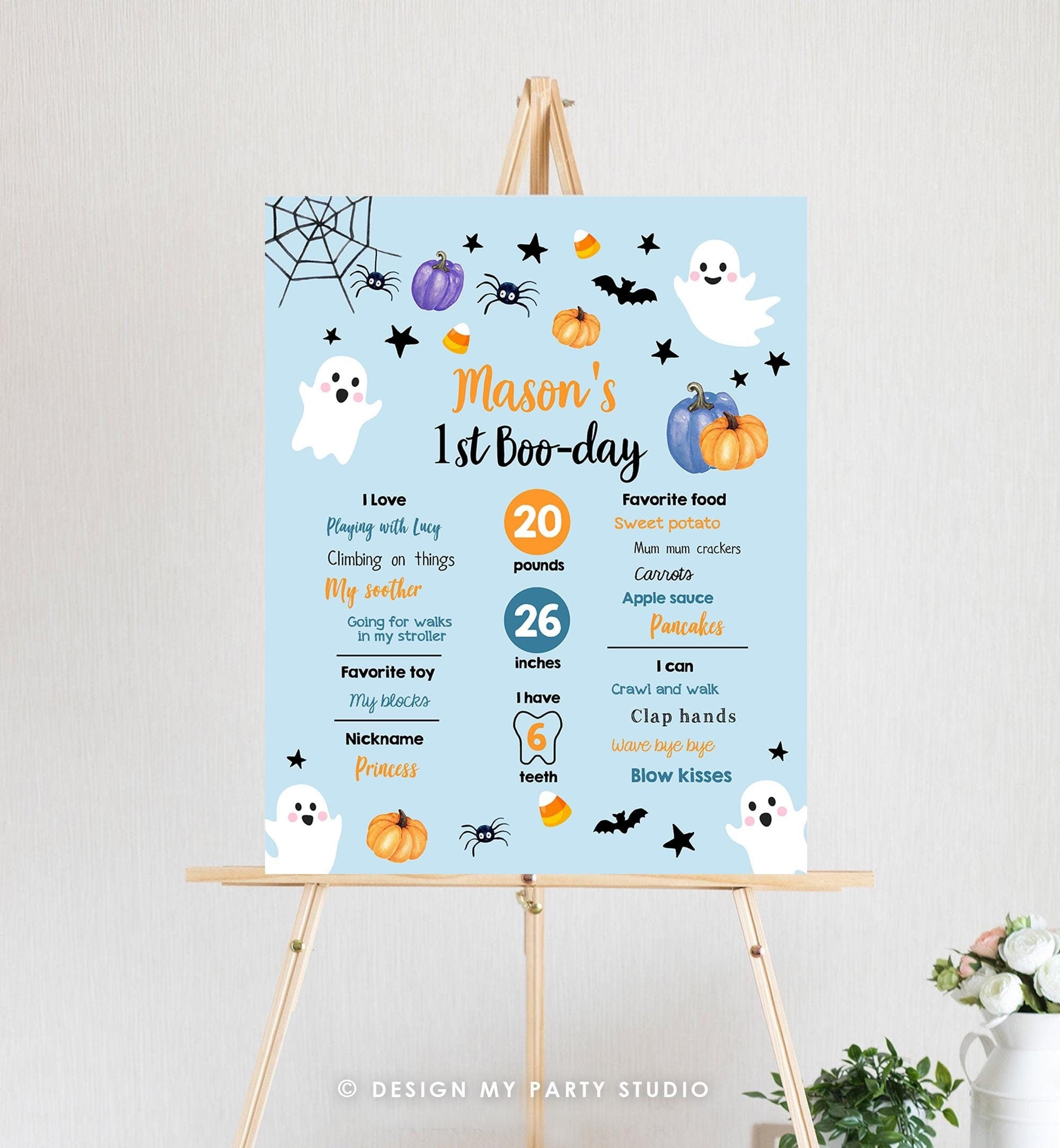 Editable Halloween Birthday Milestones Sign Ghost Spooky One 1st Birthday Spooktacular Blue First Stats Digital Template Printable 0418