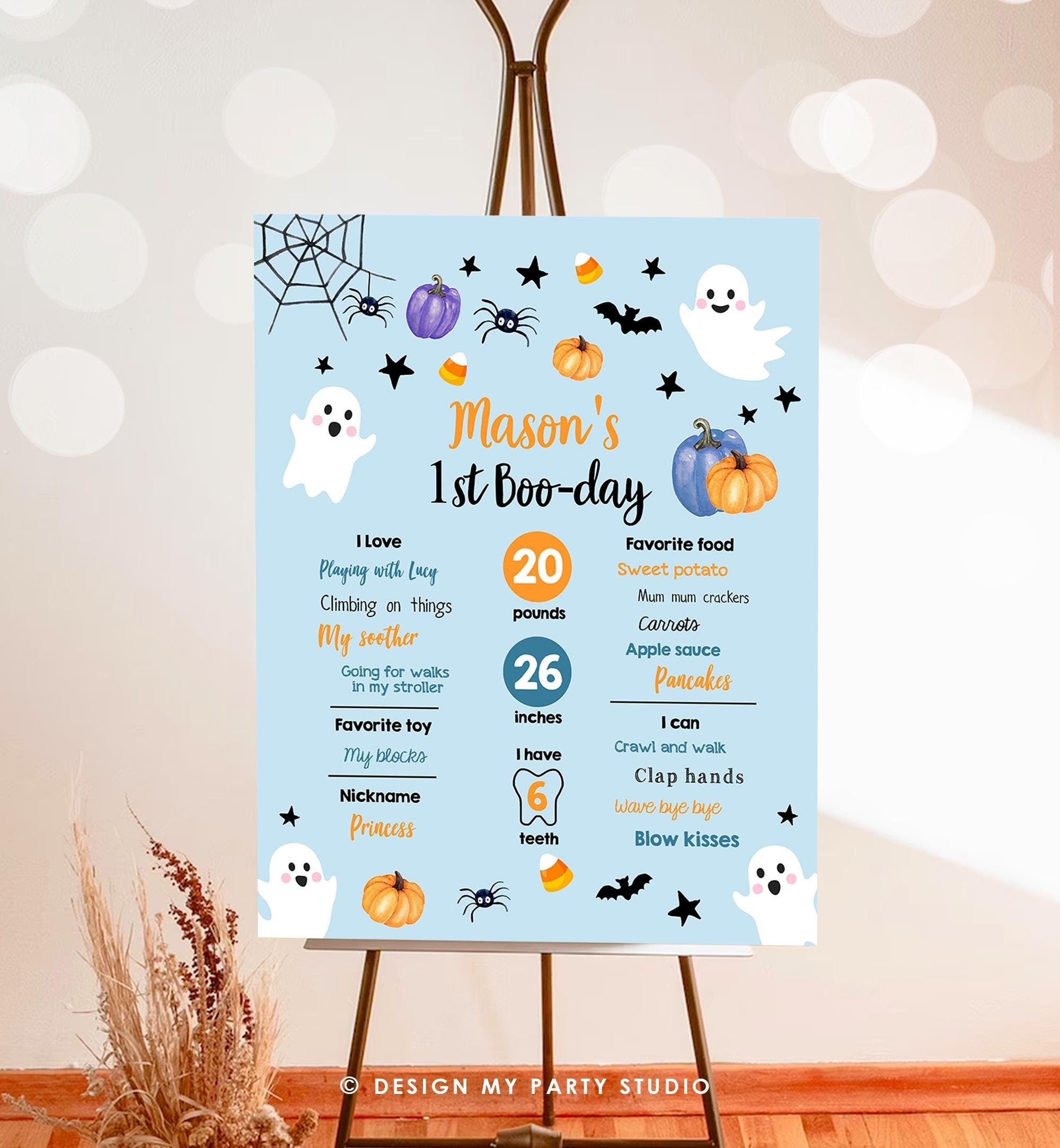 Editable Halloween Birthday Milestones Sign Ghost Spooky One 1st Birthday Spooktacular Blue First Stats Digital Template Printable 0418