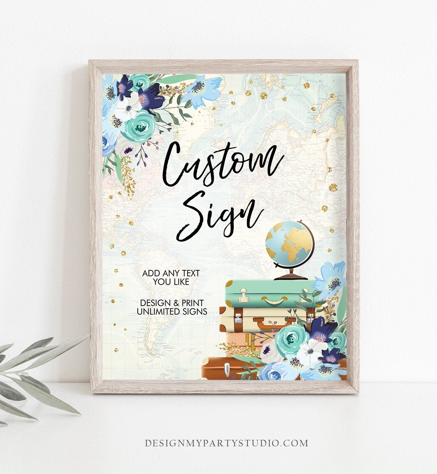 Editable Custom Sign Floral Travel Adventure Bridal Shower Traveling to Mrs Flowers Blue Floral Gold Confetti Corjl Template PRINTABLE 0030