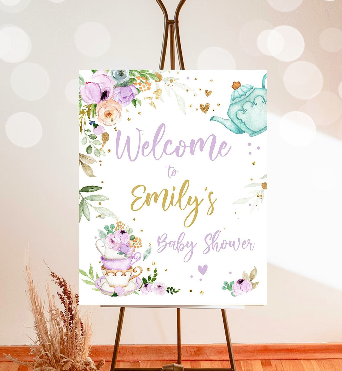 Editable Tea Baby Shower Welcome Sign Baby is Brewing Floral Purple Gold Whimsical Neutral Shower Garden Party Template PRINTABLE Corjl 0349