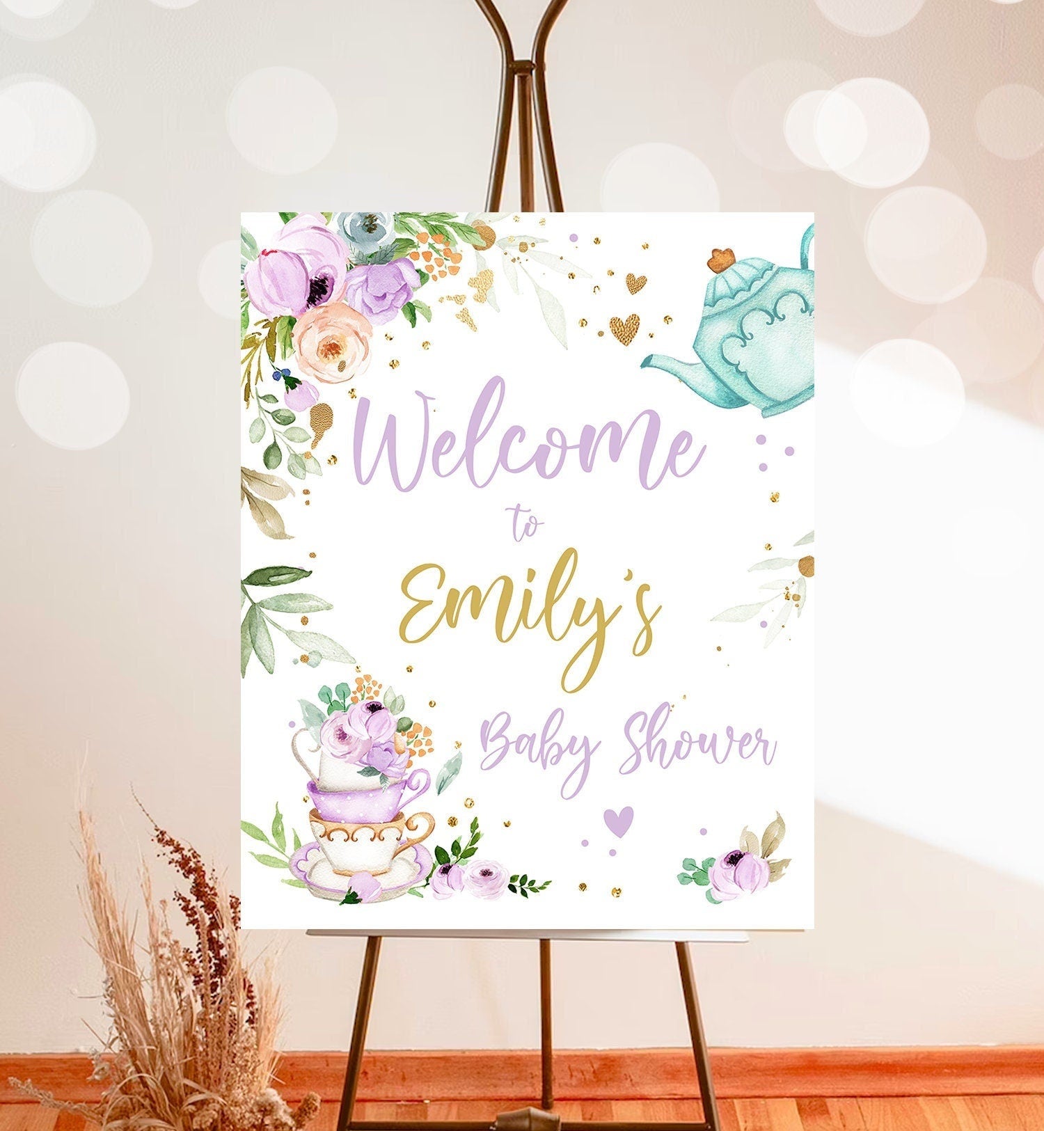 Editable Tea Baby Shower Welcome Sign Baby is Brewing Floral Purple Gold Whimsical Neutral Shower Garden Party Template PRINTABLE Corjl 0349