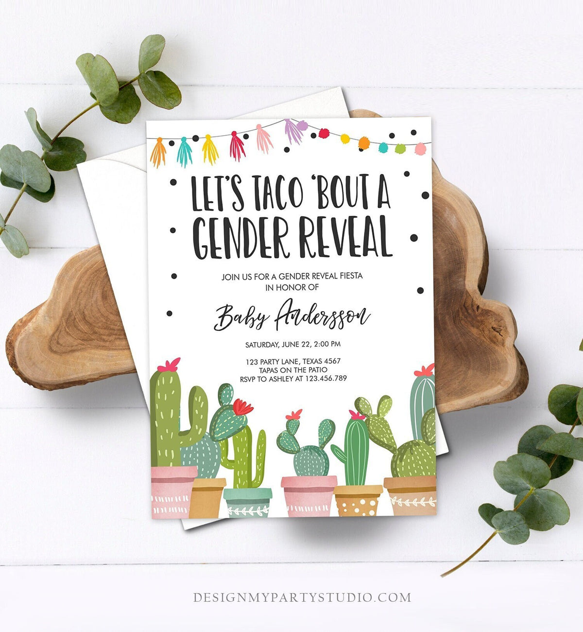 Editable Taco Bout a Gender Reveal Invitation Cactus Mexican Fiesta He or She Boy or Girl Party Download Printable Corjl Template 0254