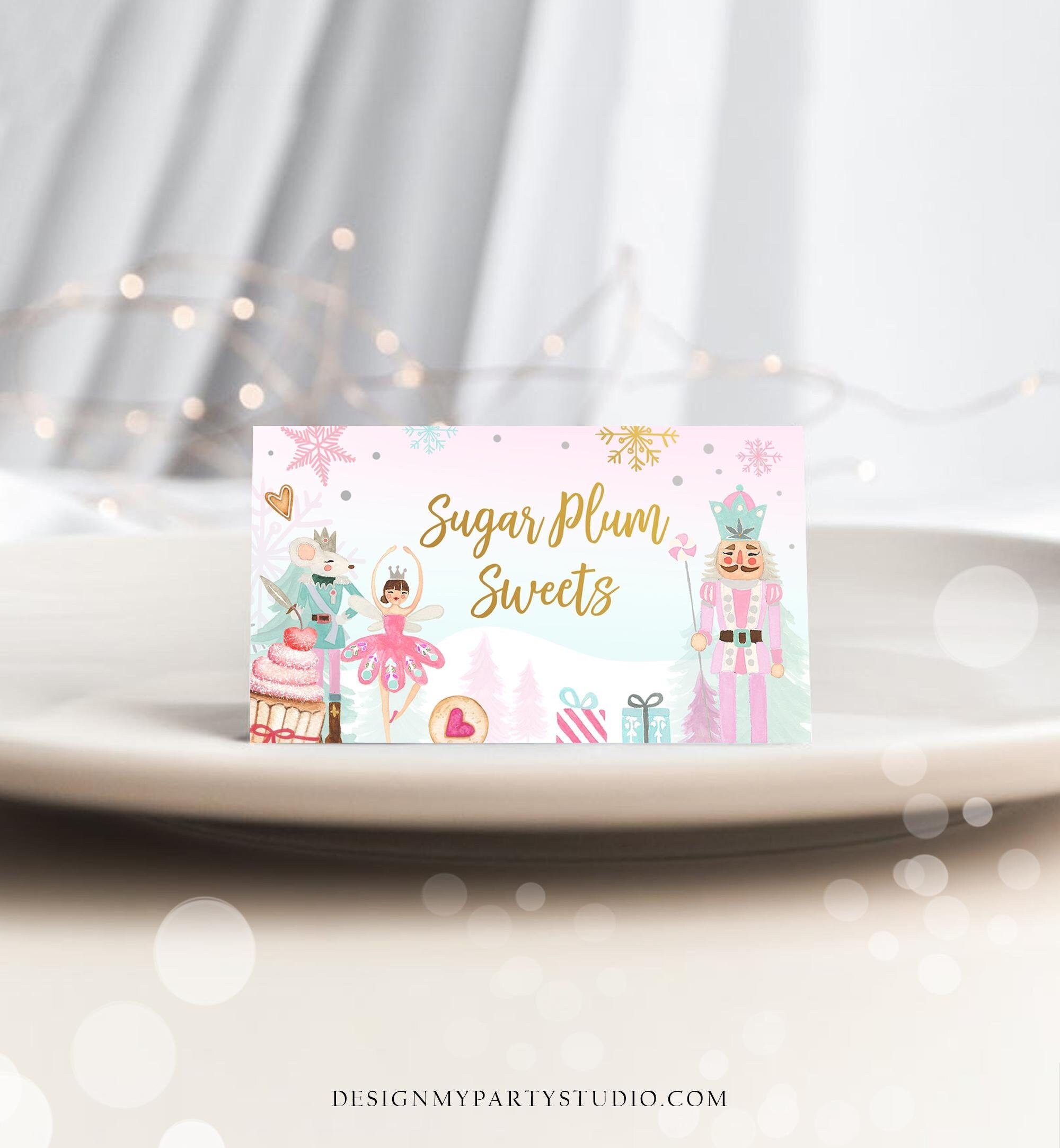 Editable Nutcracker Birthday Food Tent Cards Pink Gold Labels Girl Winter Party Place Cards Land of Sweets Printable Template Corjl 0352