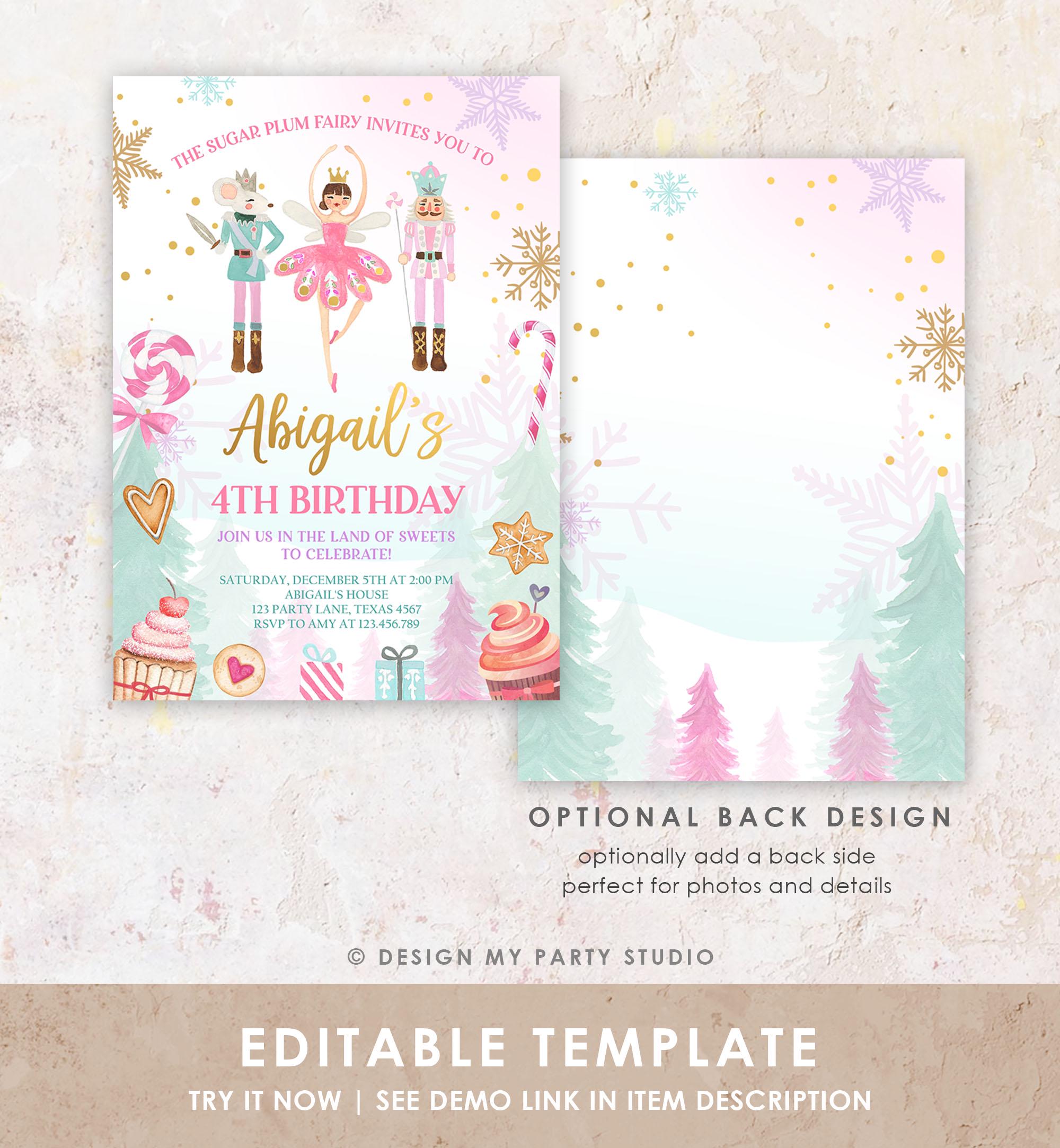 Editable Nutcracker Birthday Invitation Girl Land of Sweets Invite Winter Gold Girl Sugar Plum Fairy Download Printable Template Corjl 0352