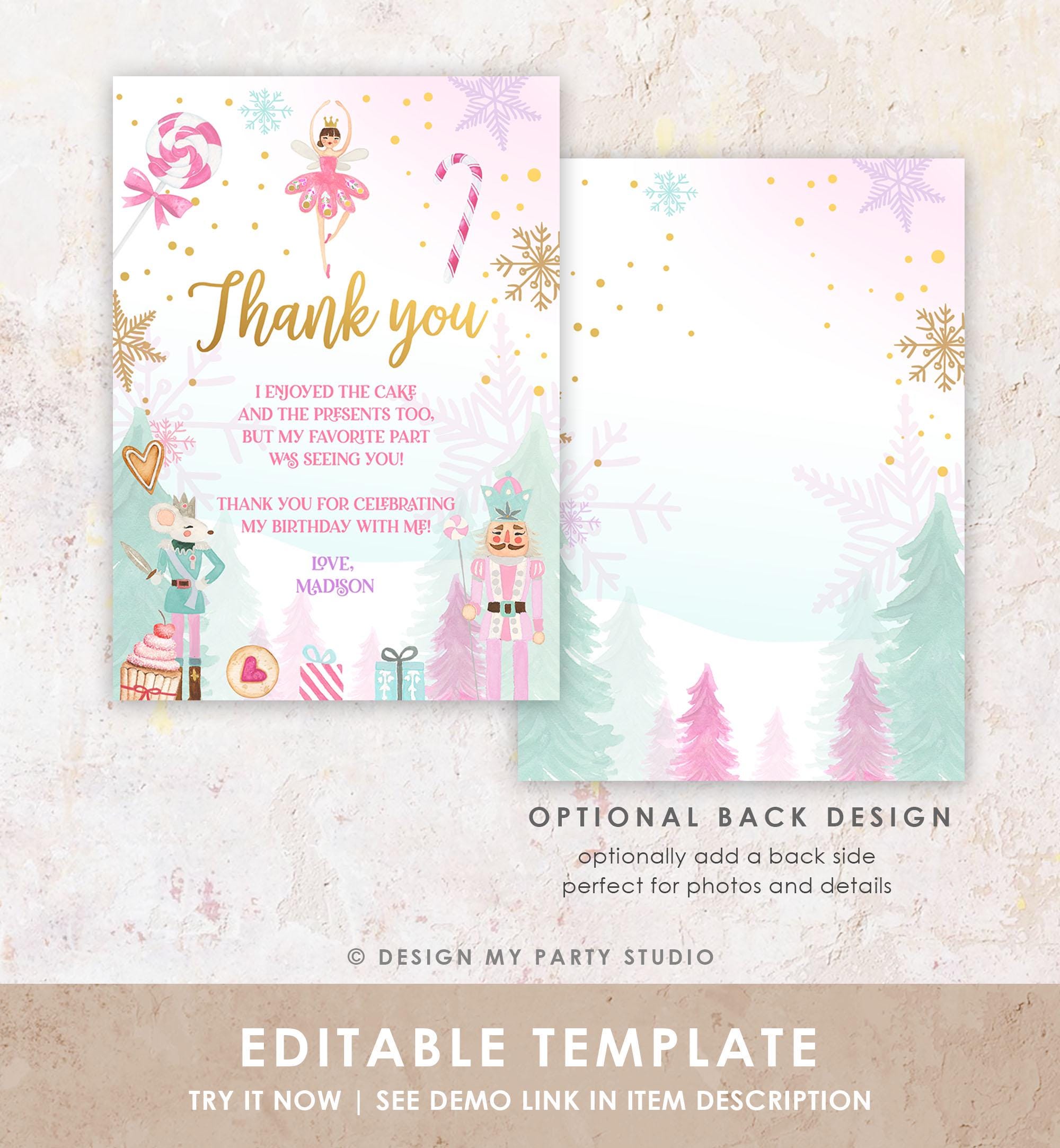 Editable Nutcracker Thank You Card Girl Land of Sweets Winter Pink Girl Sugar Plum Fairy Digital Download Template Printable 0352