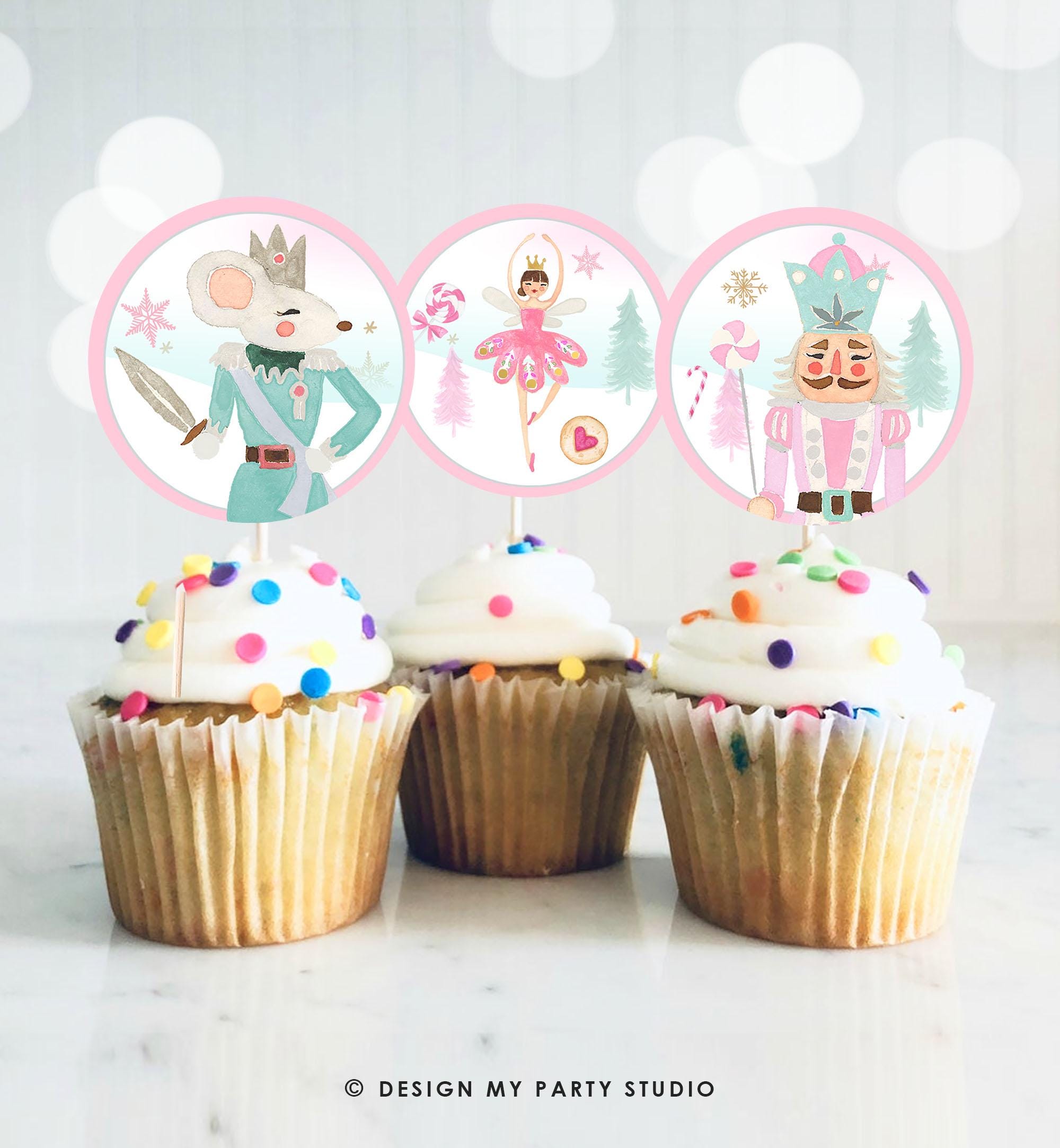 Nutcracker Cupcake Toppers Nutcracker Birthday Party Decorations Sugar Plum Fairy Girl Pink Gold Stickers Digital Download Printable 0352