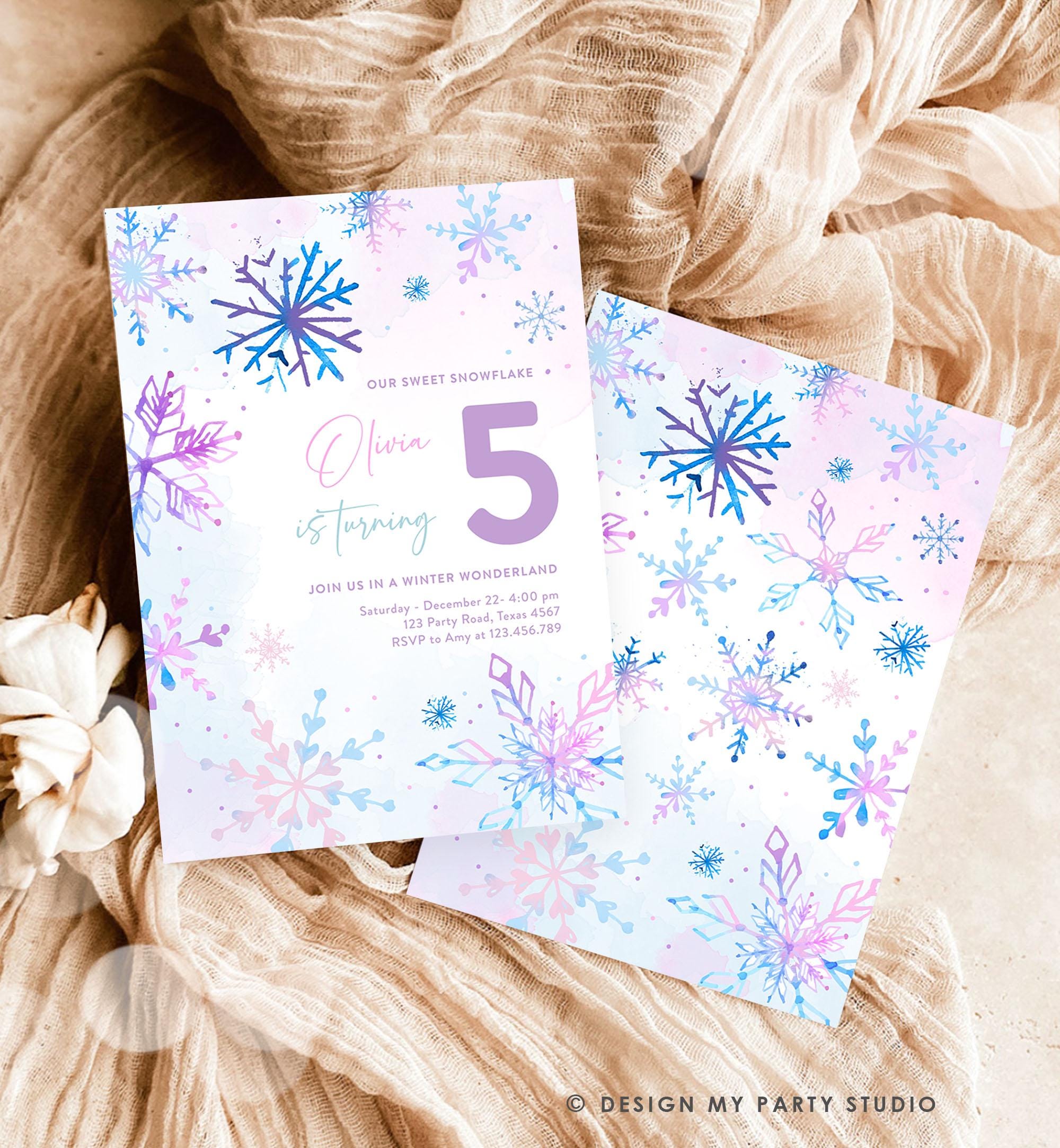 Editable Winter Birthday Invitation Winter Wonderland Winter Princess Ice Queen Castle Girl Pink Purple Snowflake Template Evite 0518