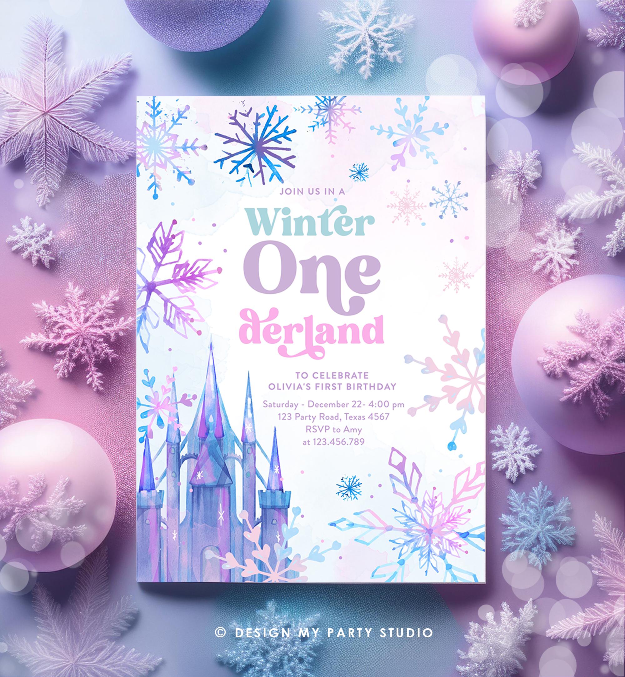 Editable Winter ONEderland Birthday Invitation First Birthday 1st Girl Pink Purple Snowflake Princess Castle Digital Template Evite 0518