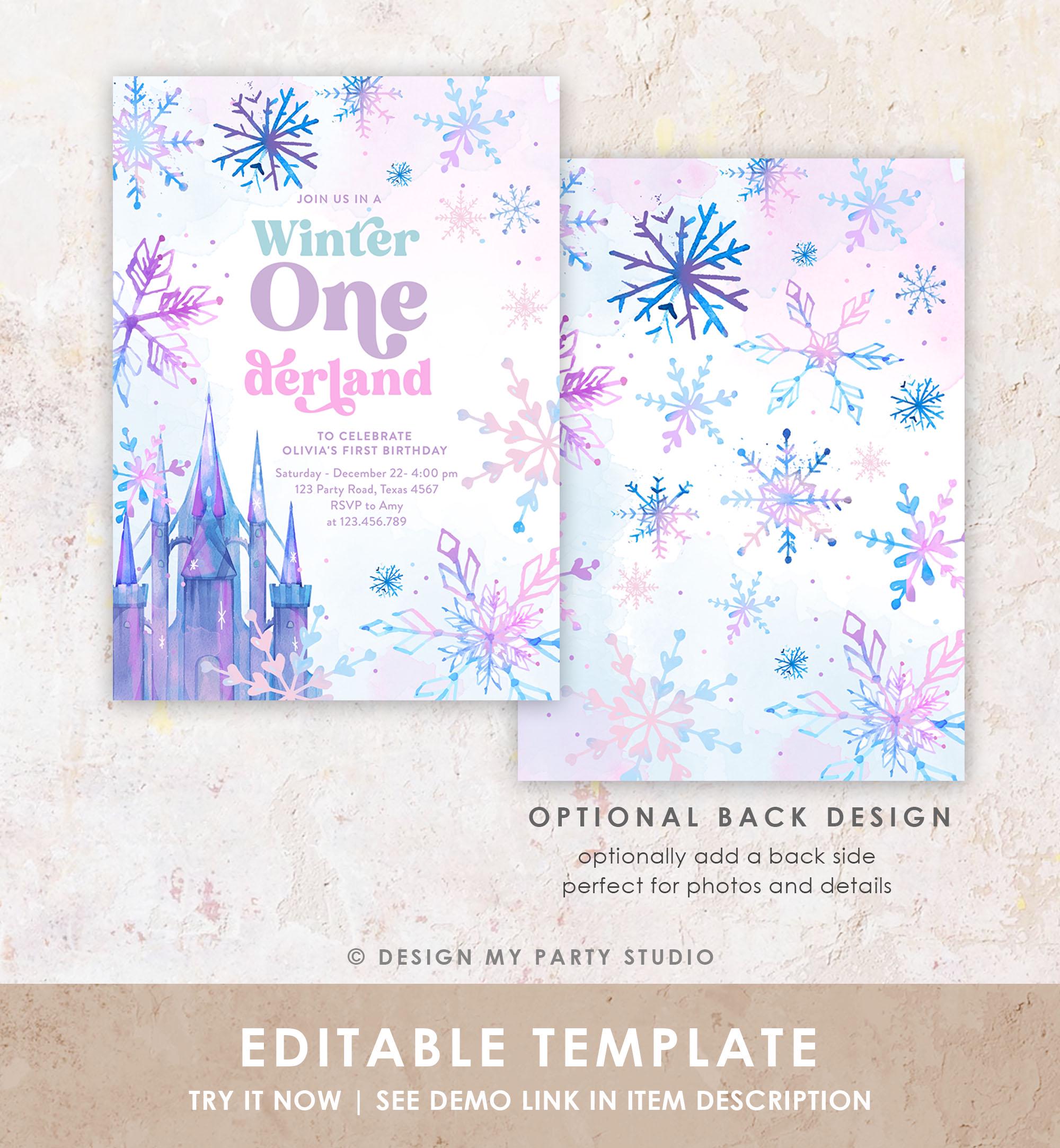 Editable Winter ONEderland Birthday Invitation First Birthday 1st Girl Pink Purple Snowflake Princess Castle Digital Template Evite 0518