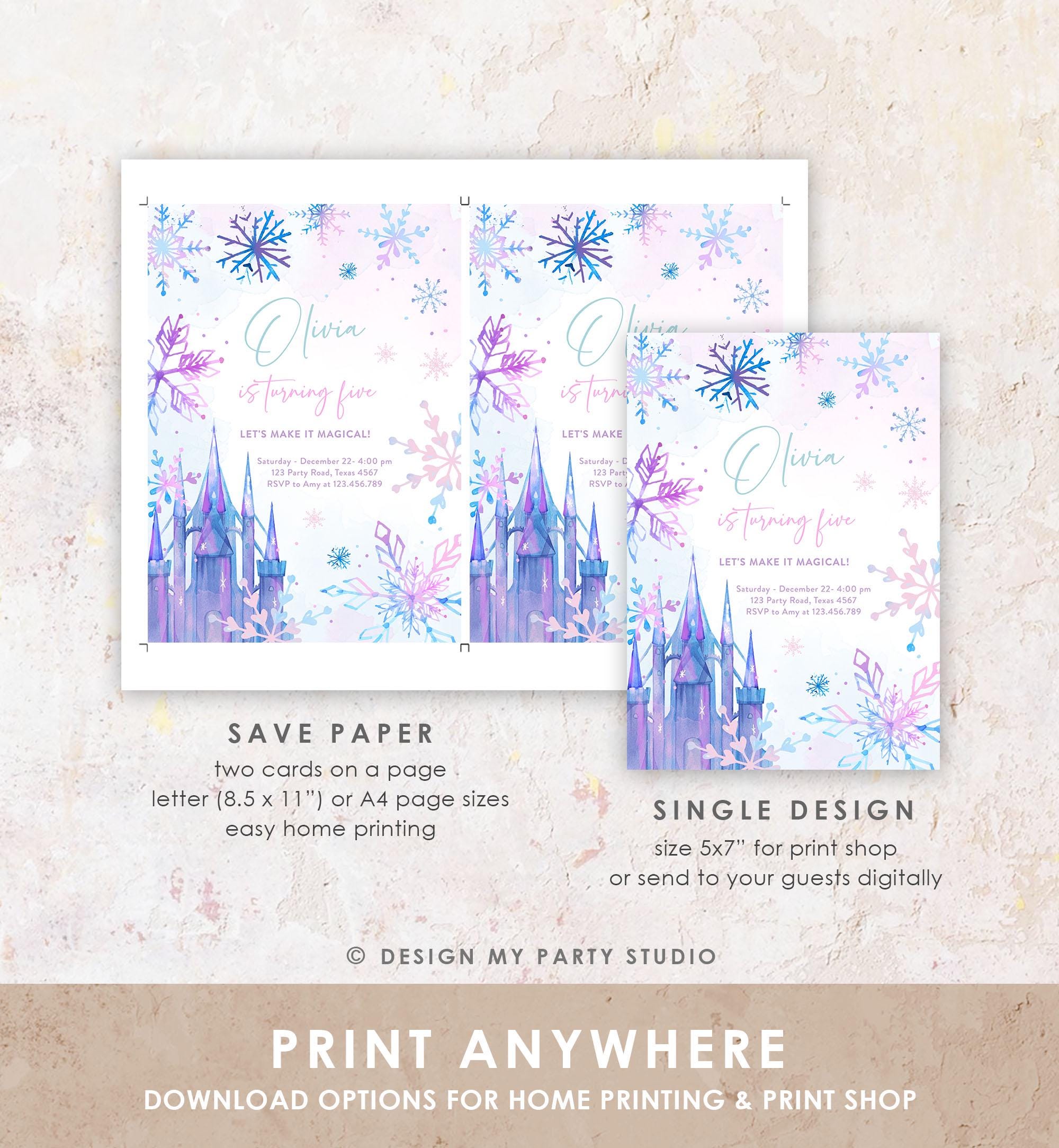 Editable Winter Birthday Invitation Winter Wonderland Castle Princess First Birthday 1st Girl Pink Purple Snowflake Template Evite 0518