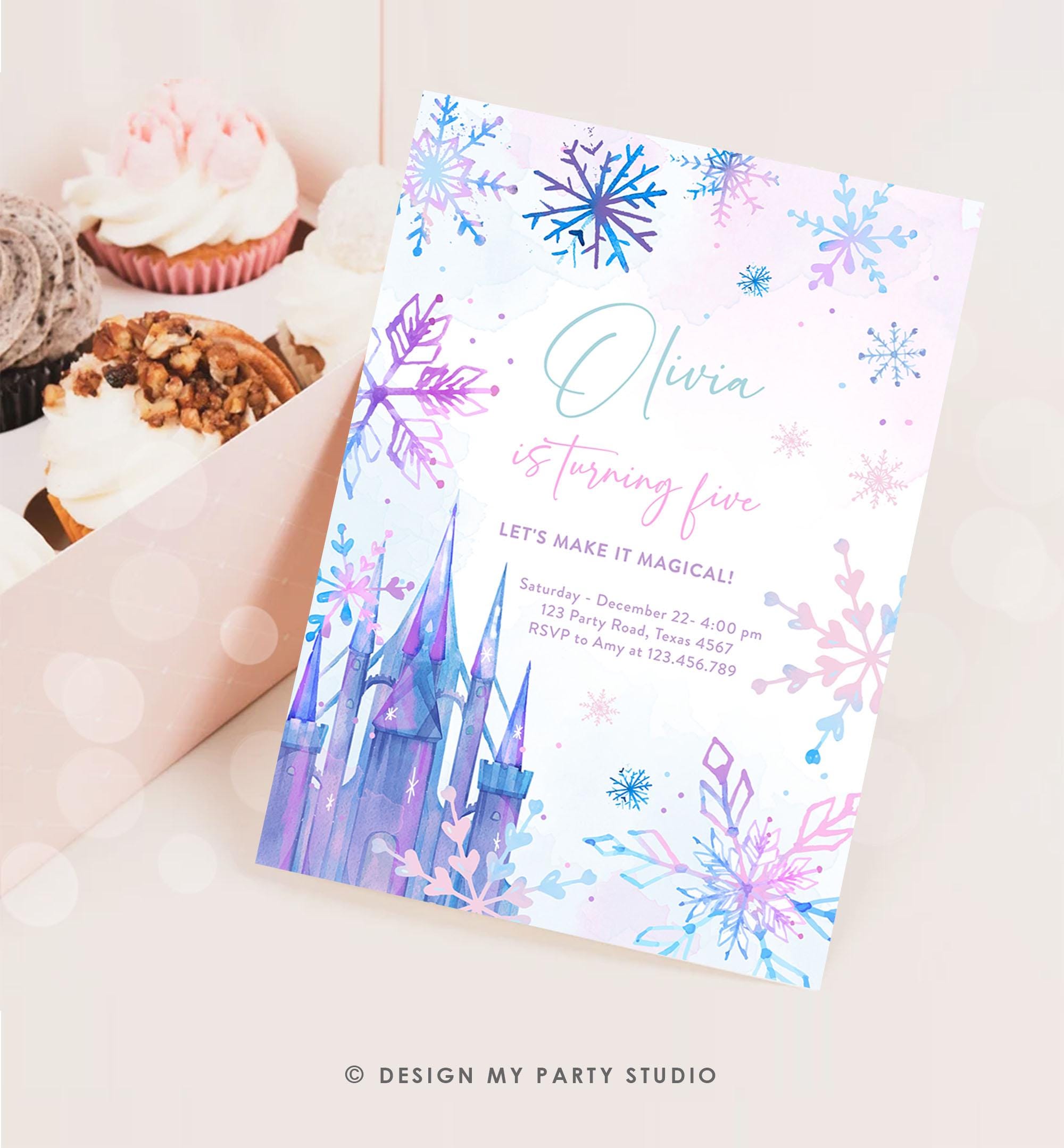 Editable Winter Birthday Invitation Winter Wonderland Castle Princess First Birthday 1st Girl Pink Purple Snowflake Template Evite 0518