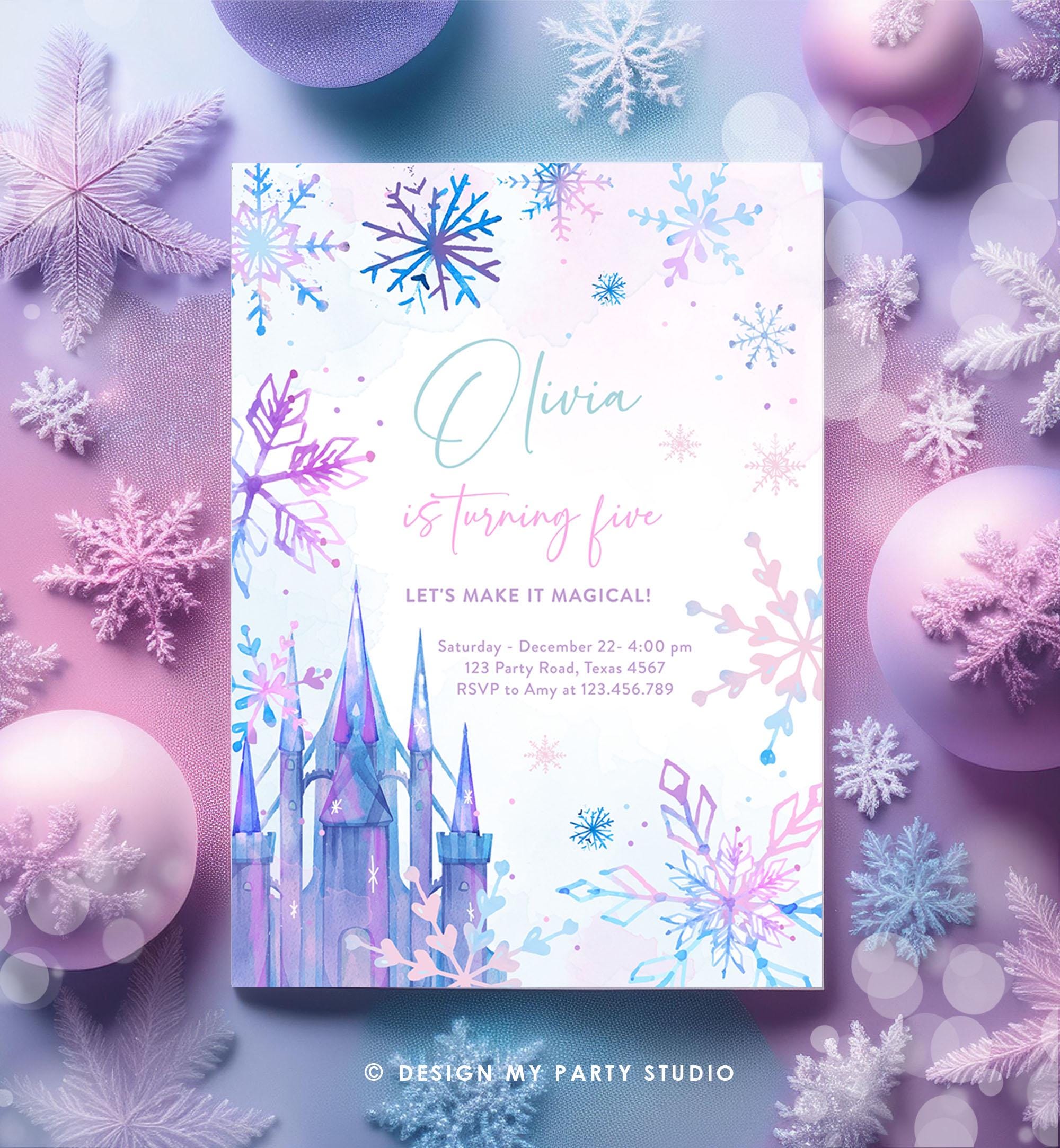 Editable Winter Birthday Invitation Winter Wonderland Castle Princess First Birthday 1st Girl Pink Purple Snowflake Template Evite 0518