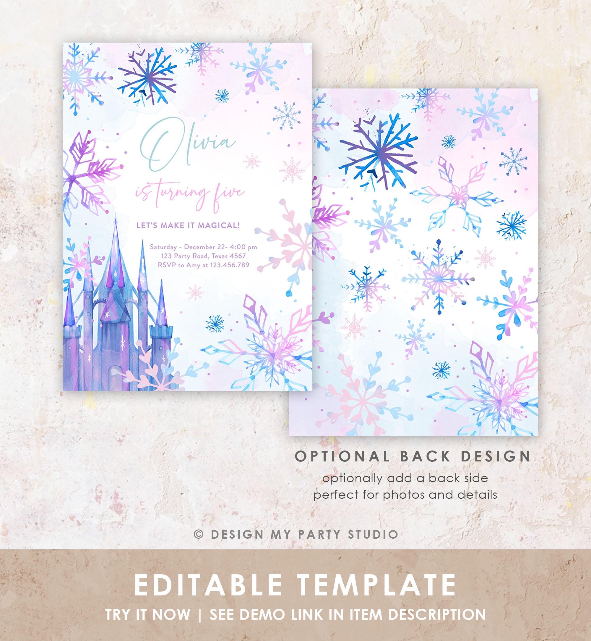 Editable Winter Birthday Invitation Winter Wonderland Castle Princess First Birthday 1st Girl Pink Purple Snowflake Template Evite 0518