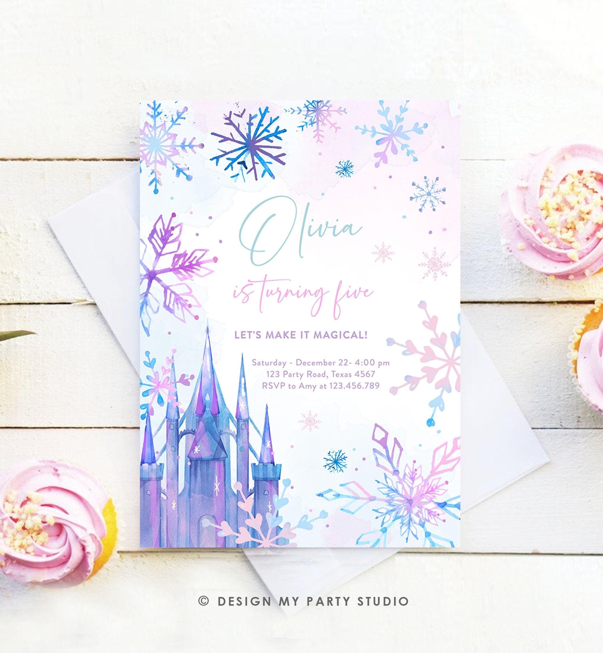 Editable Winter Birthday Invitation Winter Wonderland Castle Princess First Birthday 1st Girl Pink Purple Snowflake Template Evite 0518