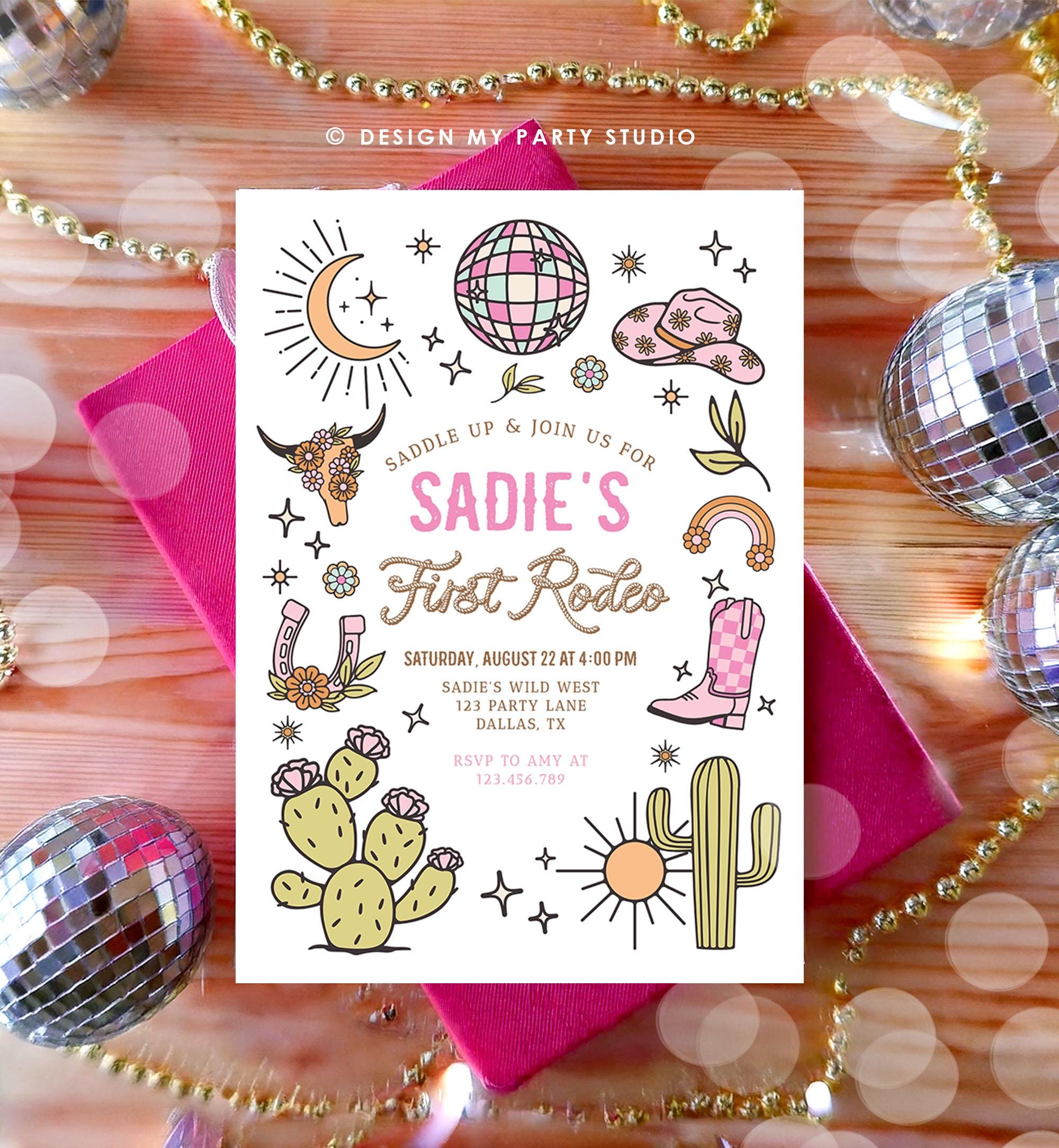 Editable Space Cowgirl Birthday Party Invitation Disco Cowgirl Invite Pink Girl First Rodeo Wild West Download Printable Template Evite 0519