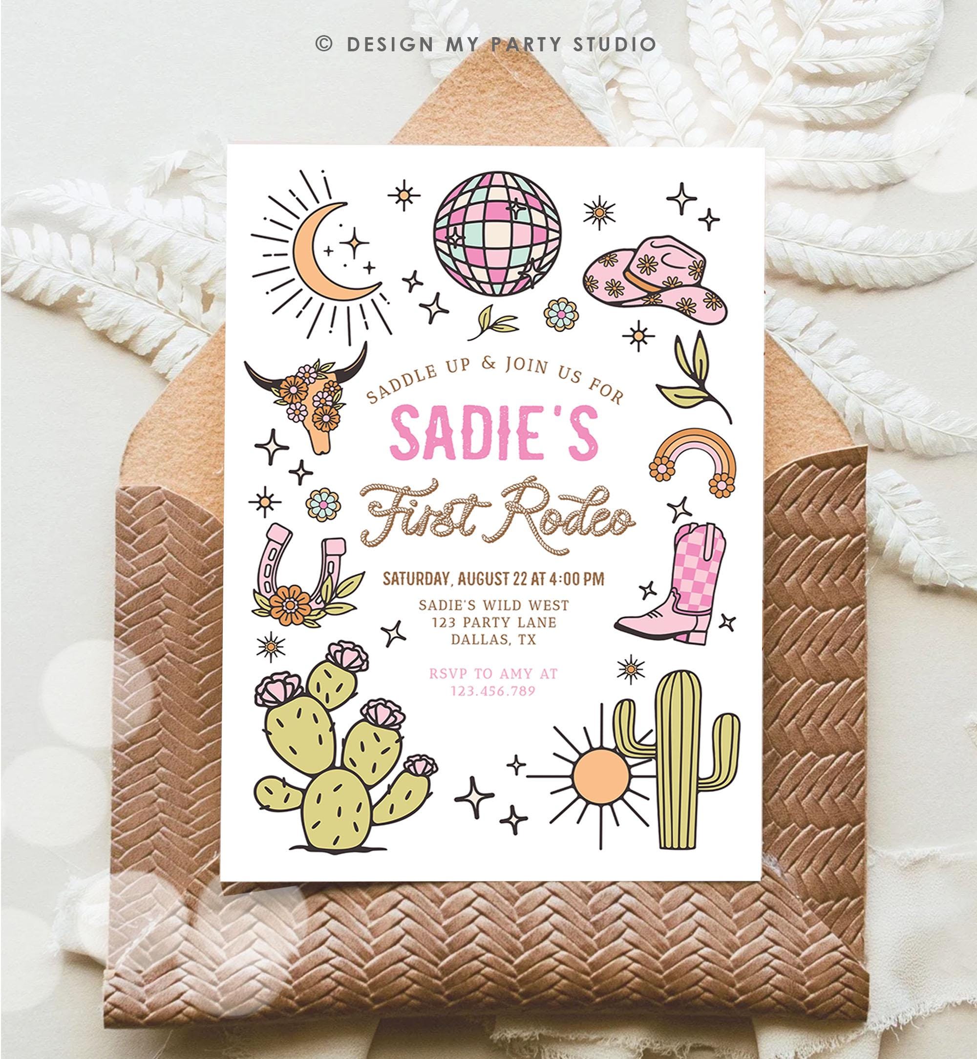 Editable Space Cowgirl Birthday Party Invitation Disco Cowgirl Invite Pink Girl First Rodeo Wild West Download Printable Template Evite 0519