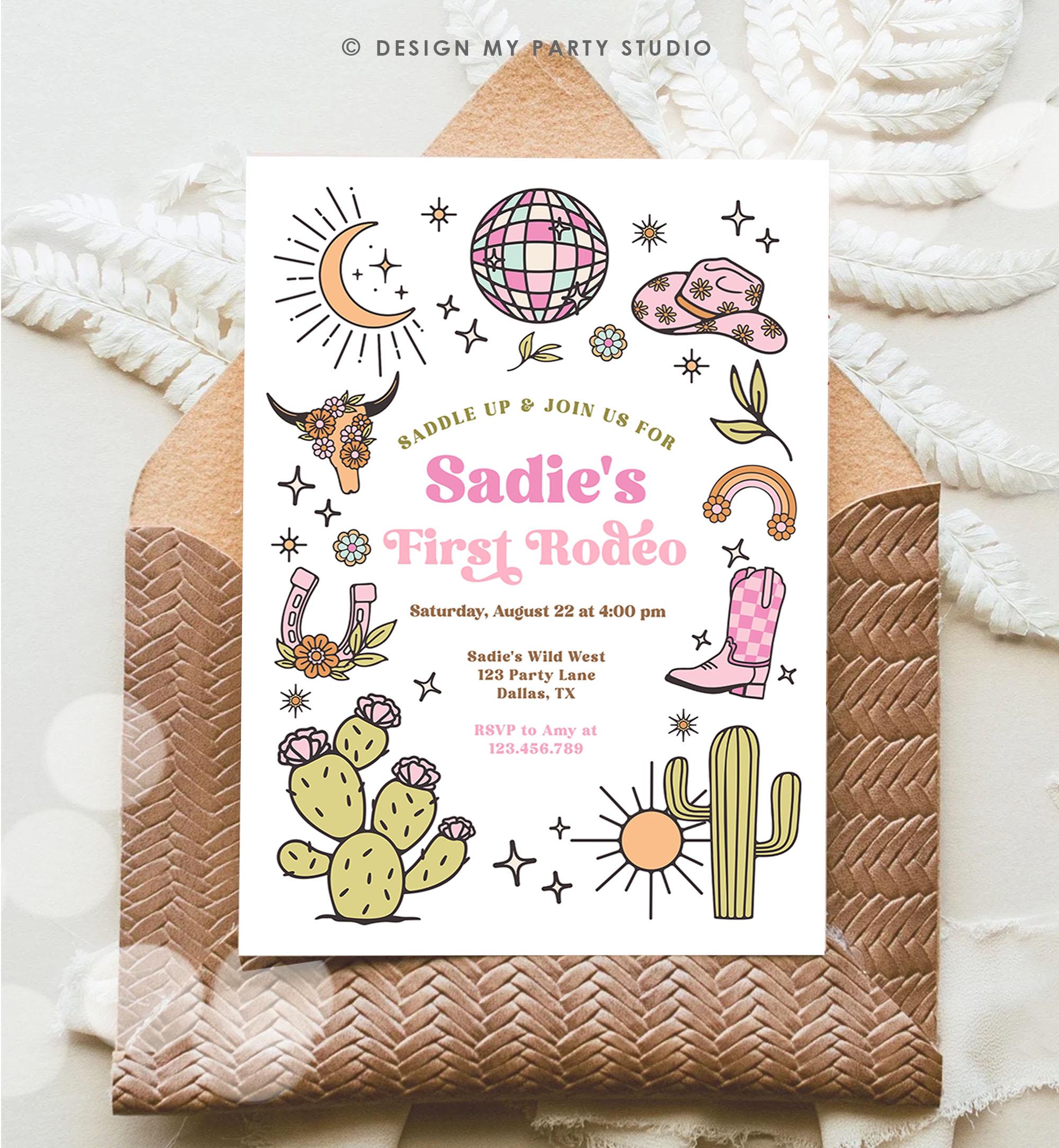 Editable Space Cowgirl Birthday Party Invitation Disco Cowgirl Invite Pink Girl First Rodeo Wild West Download Printable Template Evite 0519