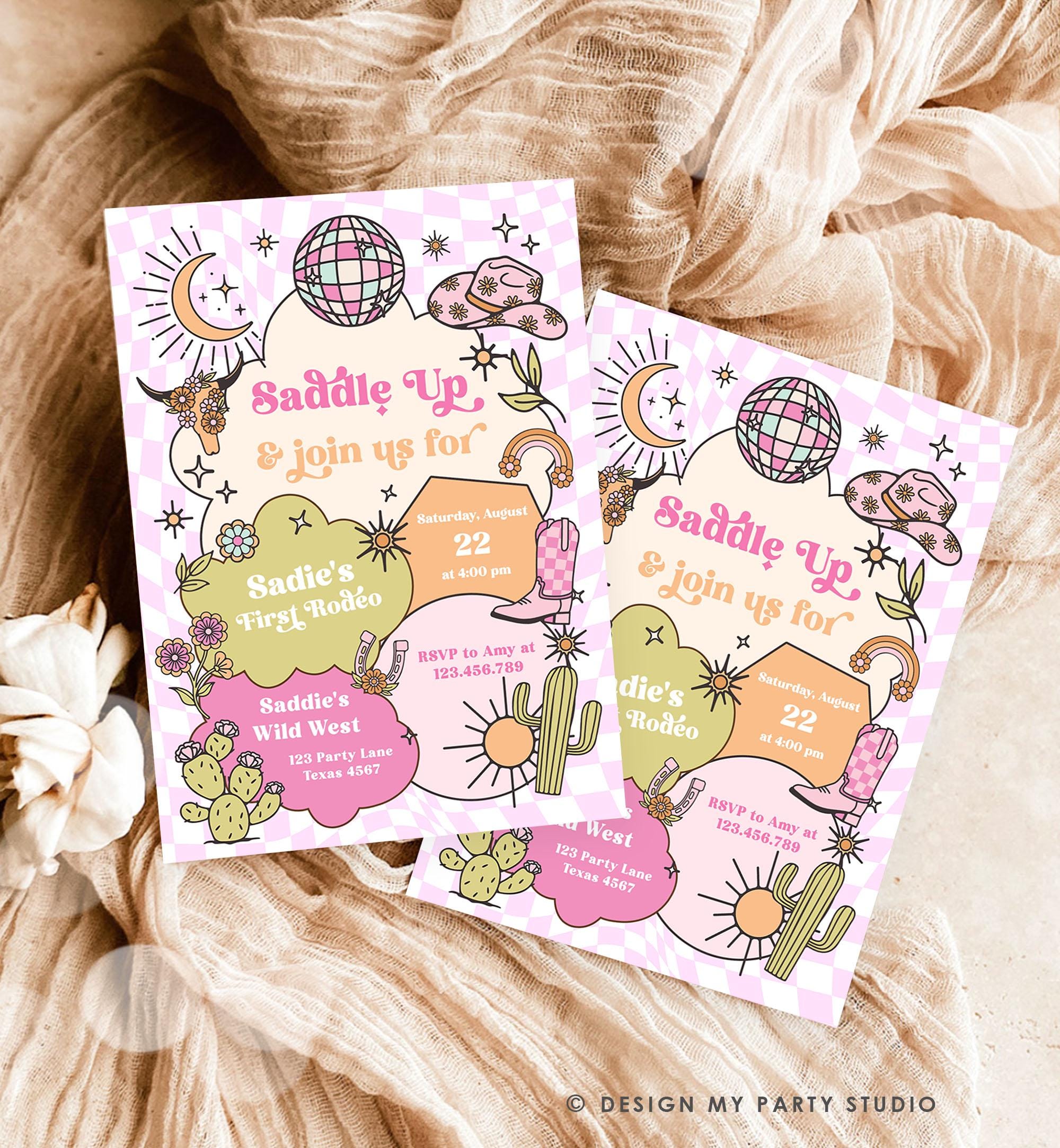 Editable Space Cowgirl Birthday Party Invitation Disco Cowgirl Invite Pink Girl First Rodeo Wild West Download Printable Template Evite 0519