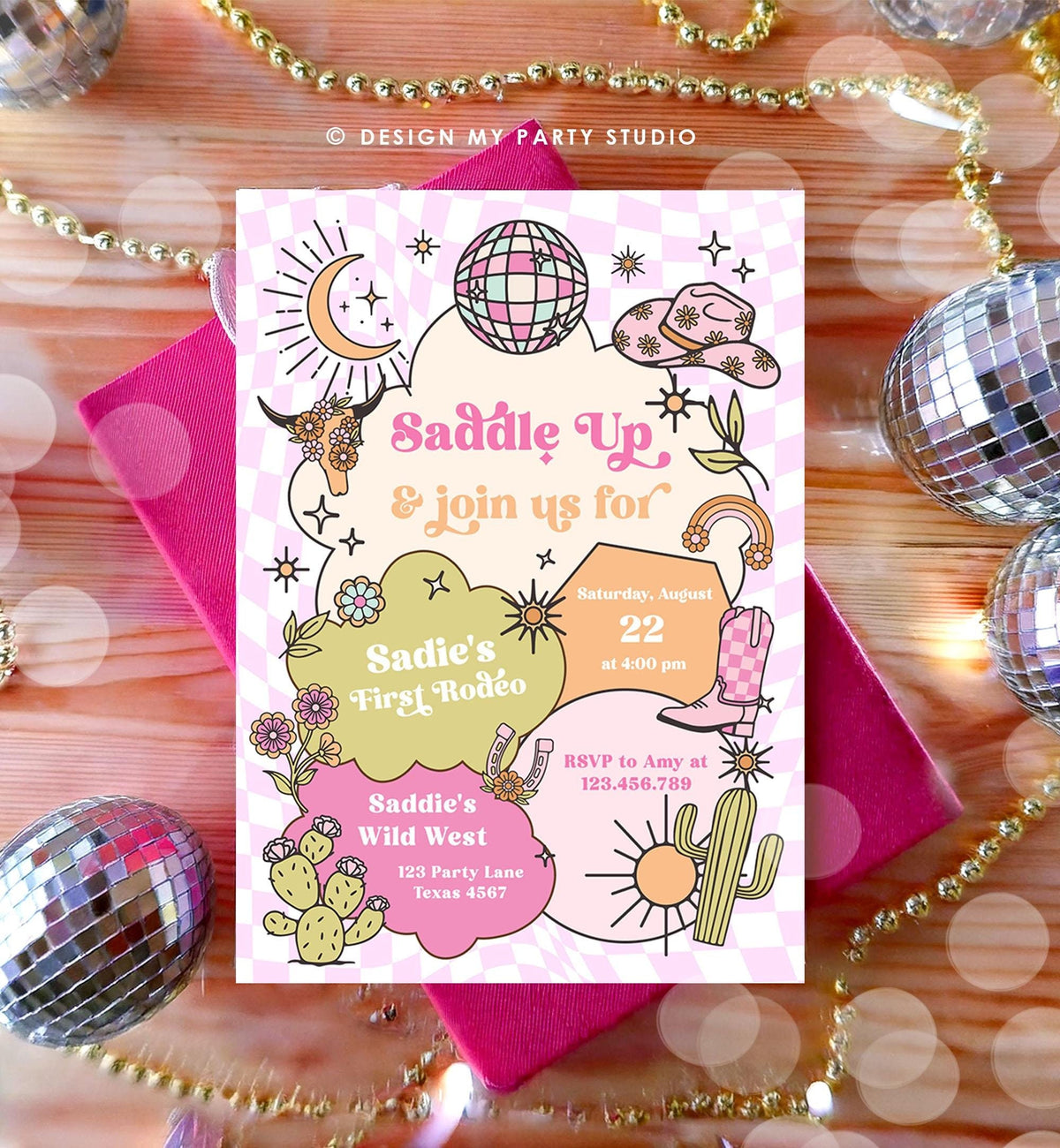 Editable Space Cowgirl Birthday Party Invitation Disco Cowgirl Invite Pink Girl First Rodeo Wild West Download Printable Template Evite 0519