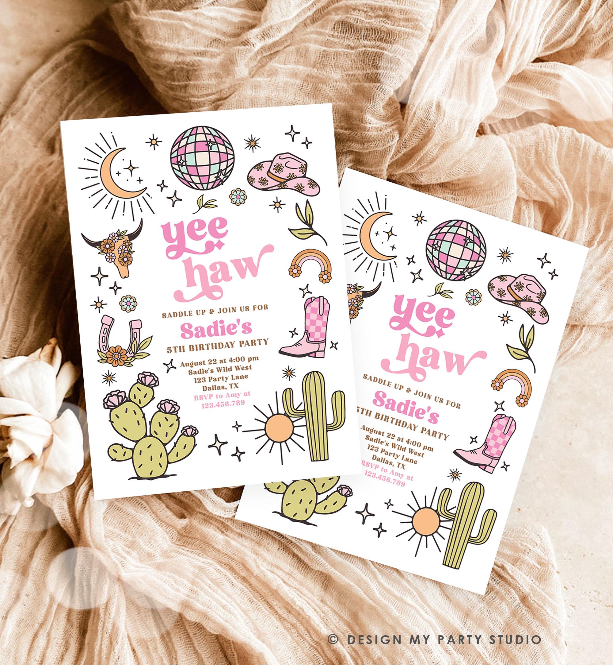 Editable Space Cowgirl Birthday Party Invitation Disco Rodeo Pink Cowgirl Wild West Nashville Party Download Printable Template Evite 0519