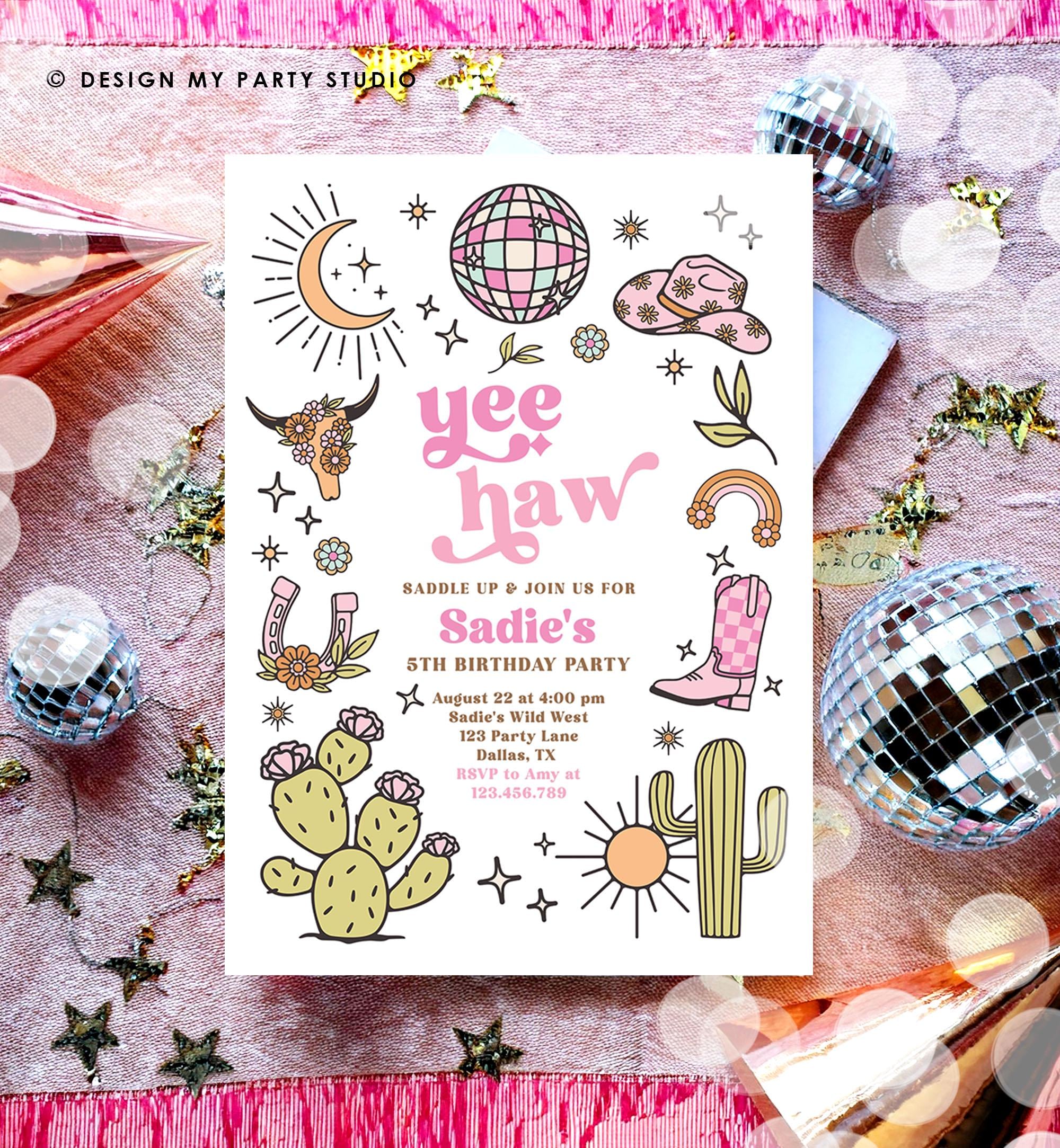 Editable Space Cowgirl Birthday Party Invitation Disco Rodeo Pink Cowgirl Wild West Nashville Party Download Printable Template Evite 0519