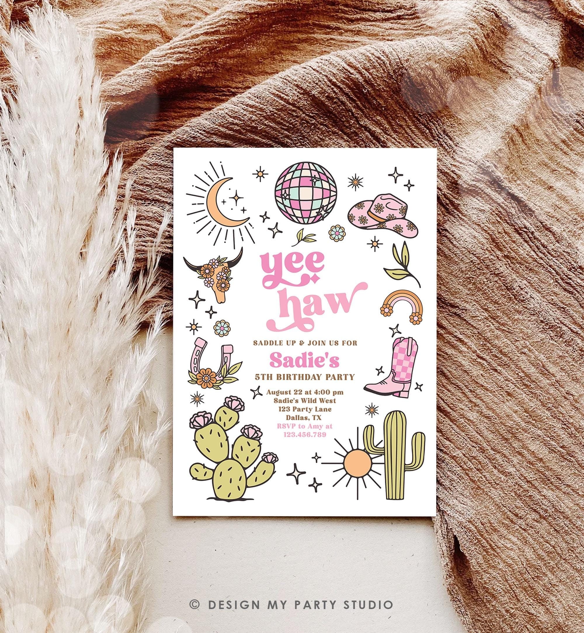 Editable Space Cowgirl Birthday Party Invitation Disco Rodeo Pink Cowgirl Wild West Nashville Party Download Printable Template Evite 0519