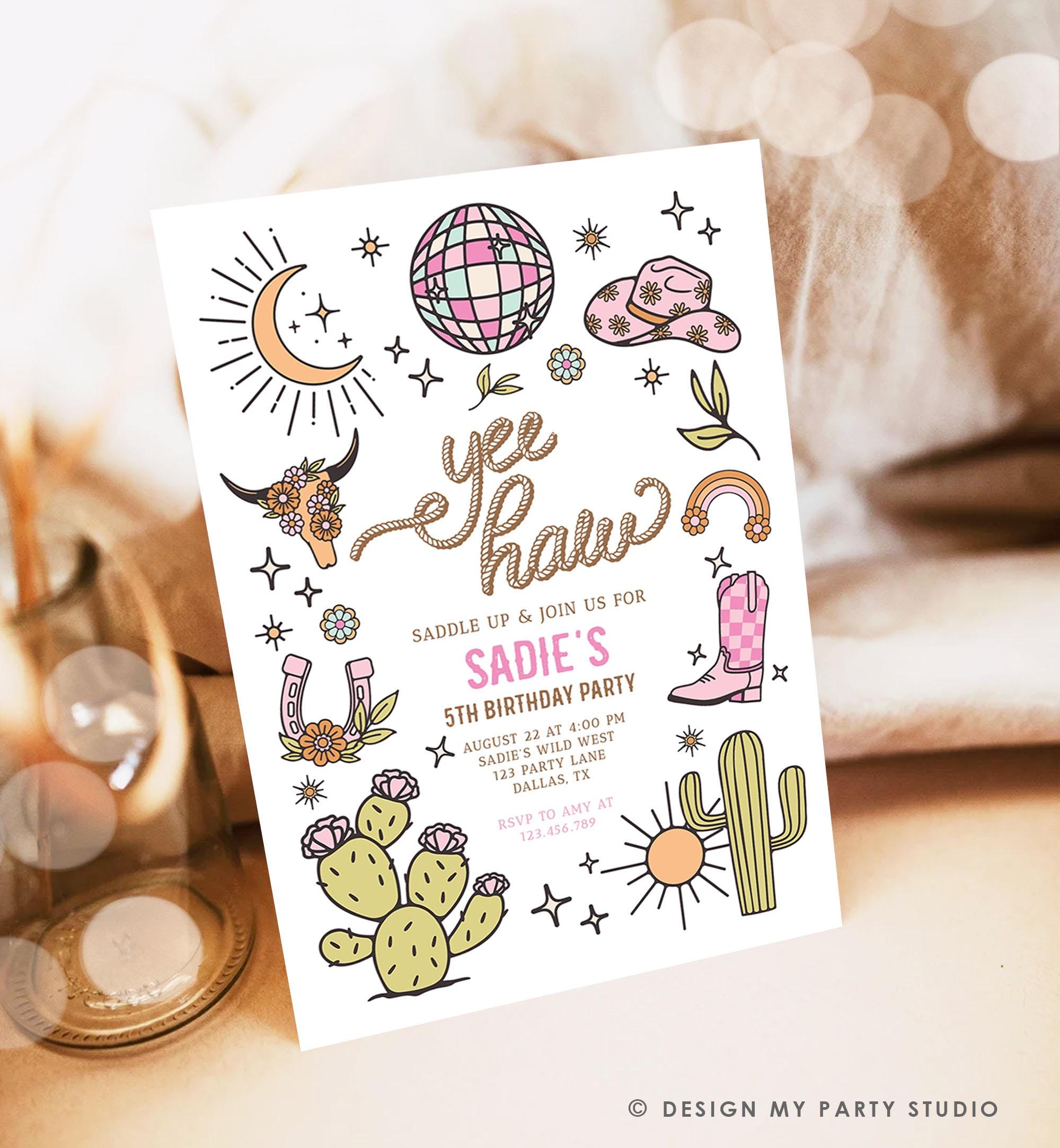 Editable Space Cowgirl Birthday Party Invitation Disco Rodeo Pink Cowgirl Wild West Nashville Party Download Printable Template Evite 0519