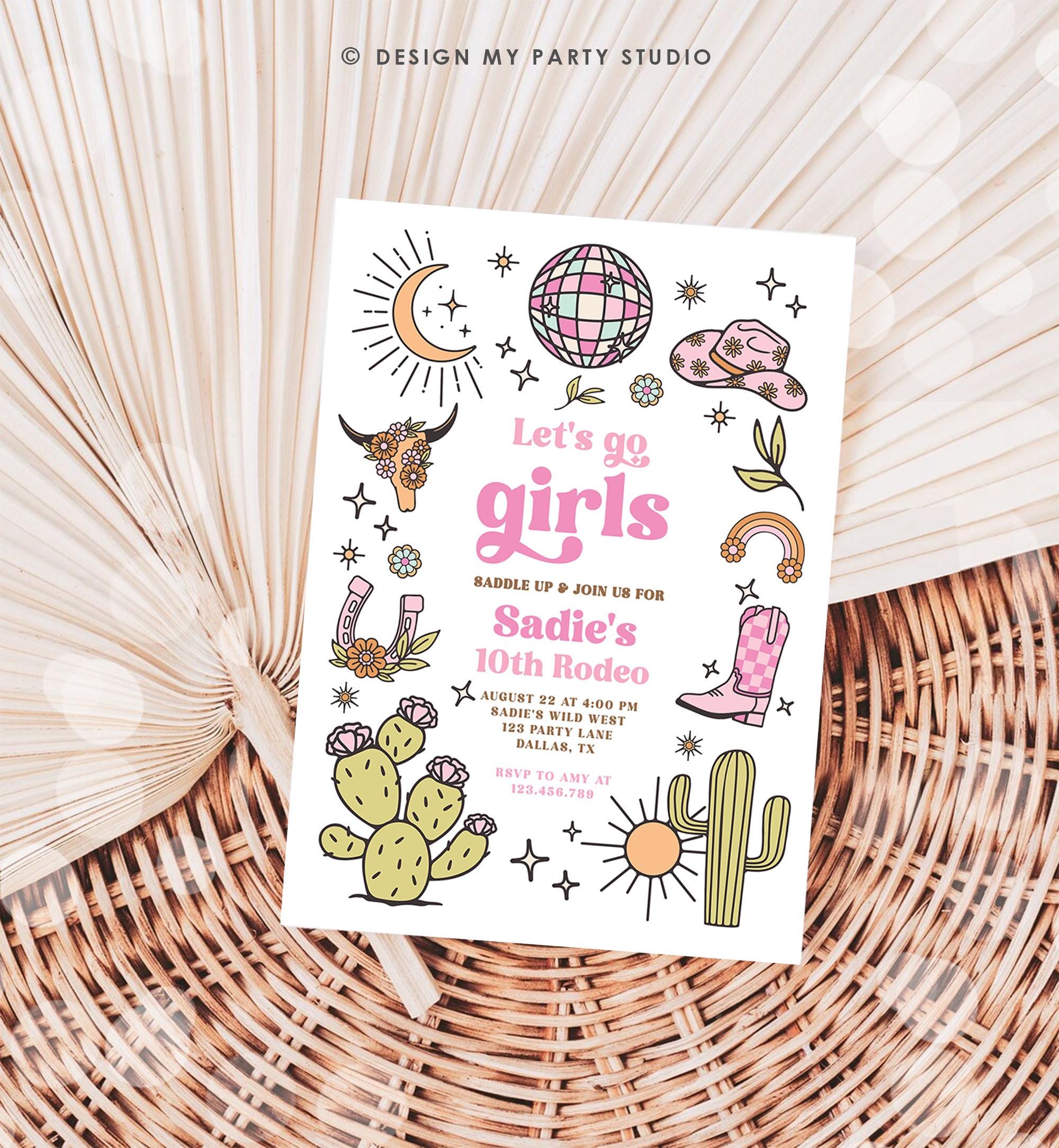 Editable Let's Go Girls Birthday Invitation Disco Rodeo Hot Pink Cowgirl Western Space Cowgirl Invite Download Printable Template Evite 0519