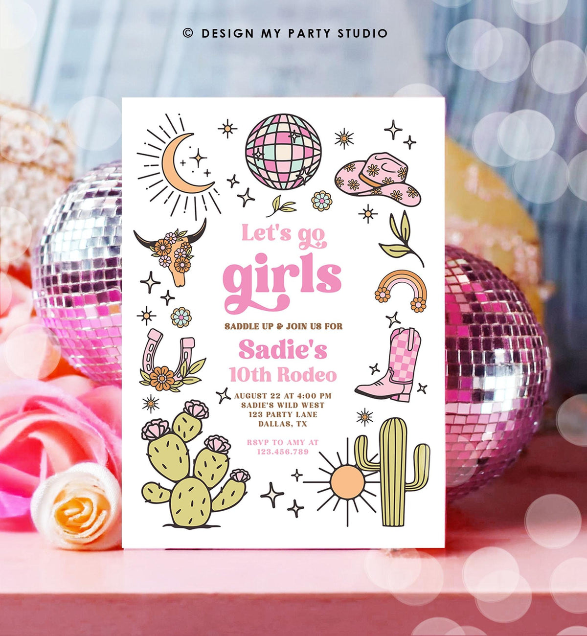 Editable Let&#39;s Go Girls Birthday Invitation Disco Rodeo Hot Pink Cowgirl Western Space Cowgirl Invite Download Printable Template Evite 0519